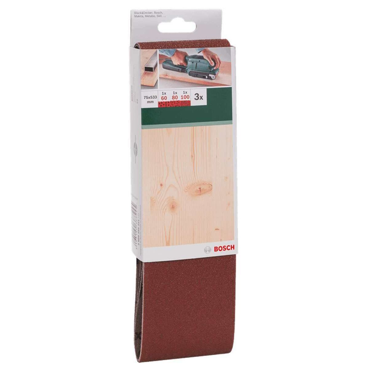 BOSCH Schleifpapier Bosch Schleifband 3 Stück, 75 x 533 mm Körnung 60 80 100 Bandschleifer