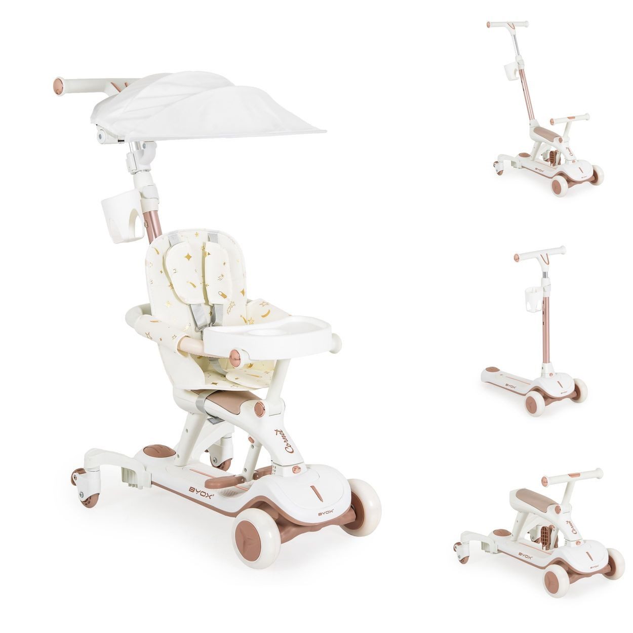Byox Cityroller Cornet 6 in 1, Rutscher-Funktion, Musik, Becherhalter, Schiebestange, Sitz, klappbar