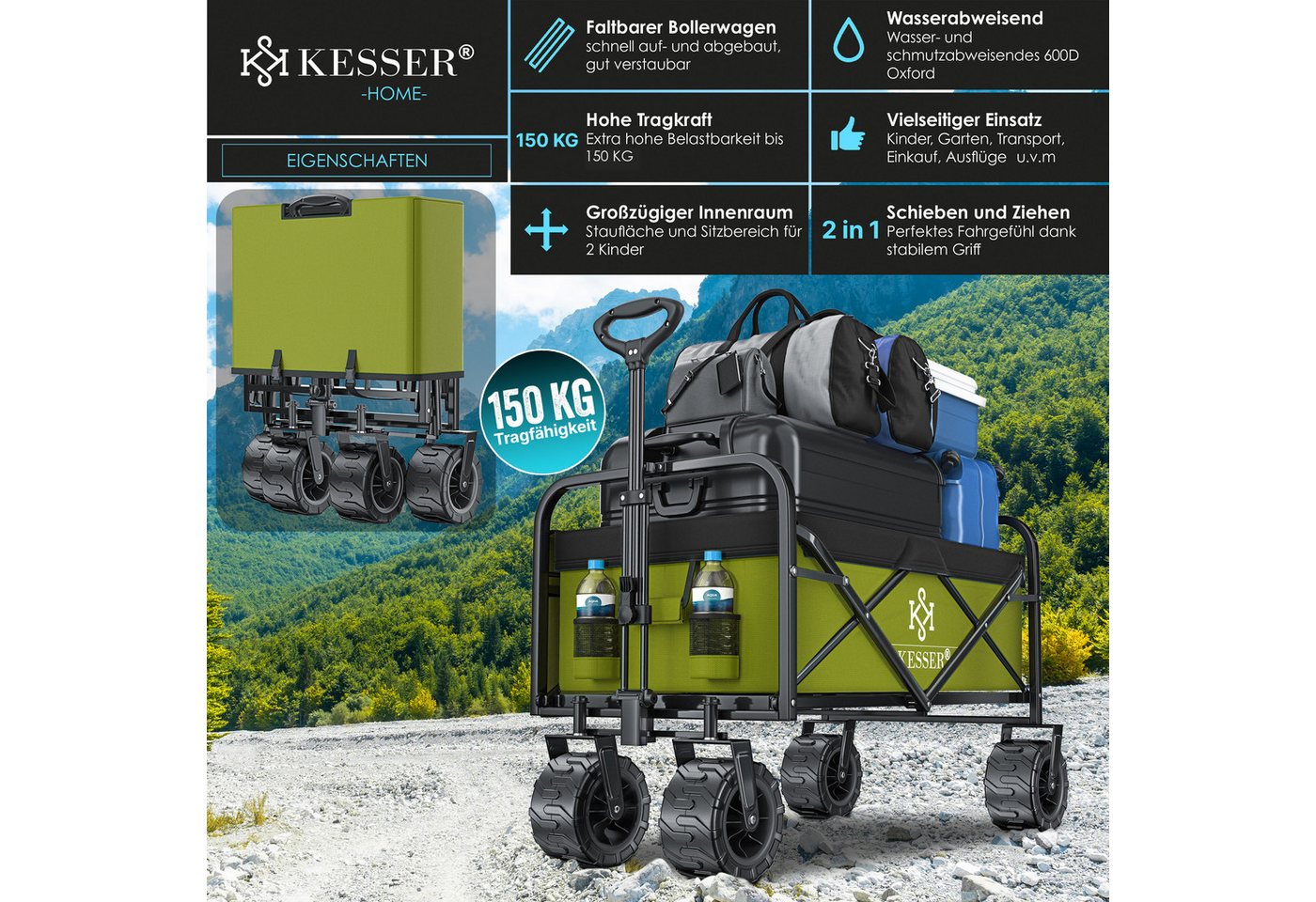Thumbnail - KESSER Bollerwagen, Bollerwagen faltbar Breite Reifen Handwagen Transportkarre
