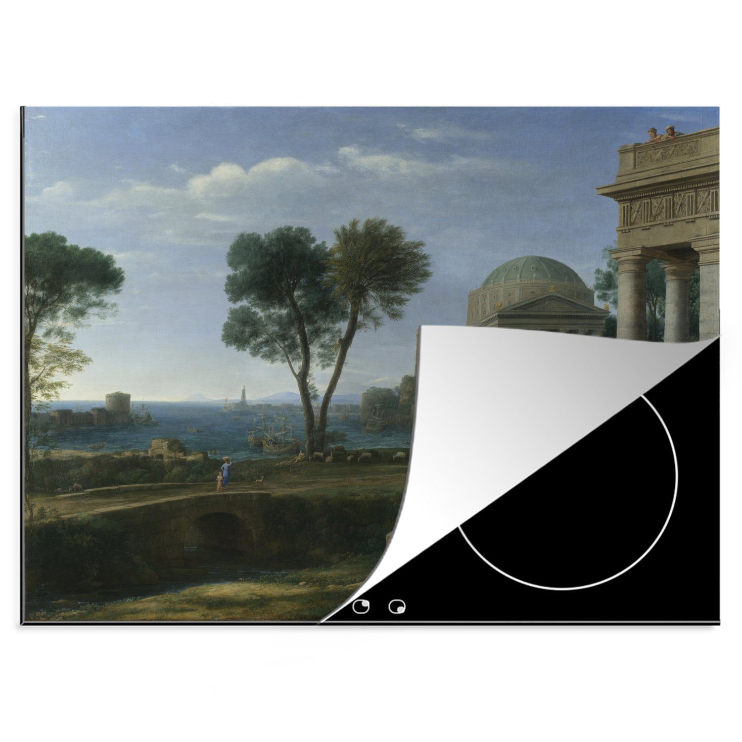 MuchoWow Herdblende-/Abdeckplatte Landschaft mit Äneas auf Delos - Gemälde von Claude Lorrain, Vinyl, (1 tlg), 70x52 cm, Mobile Arbeitsfläche nutzbar, Ceranfeldabdeckung