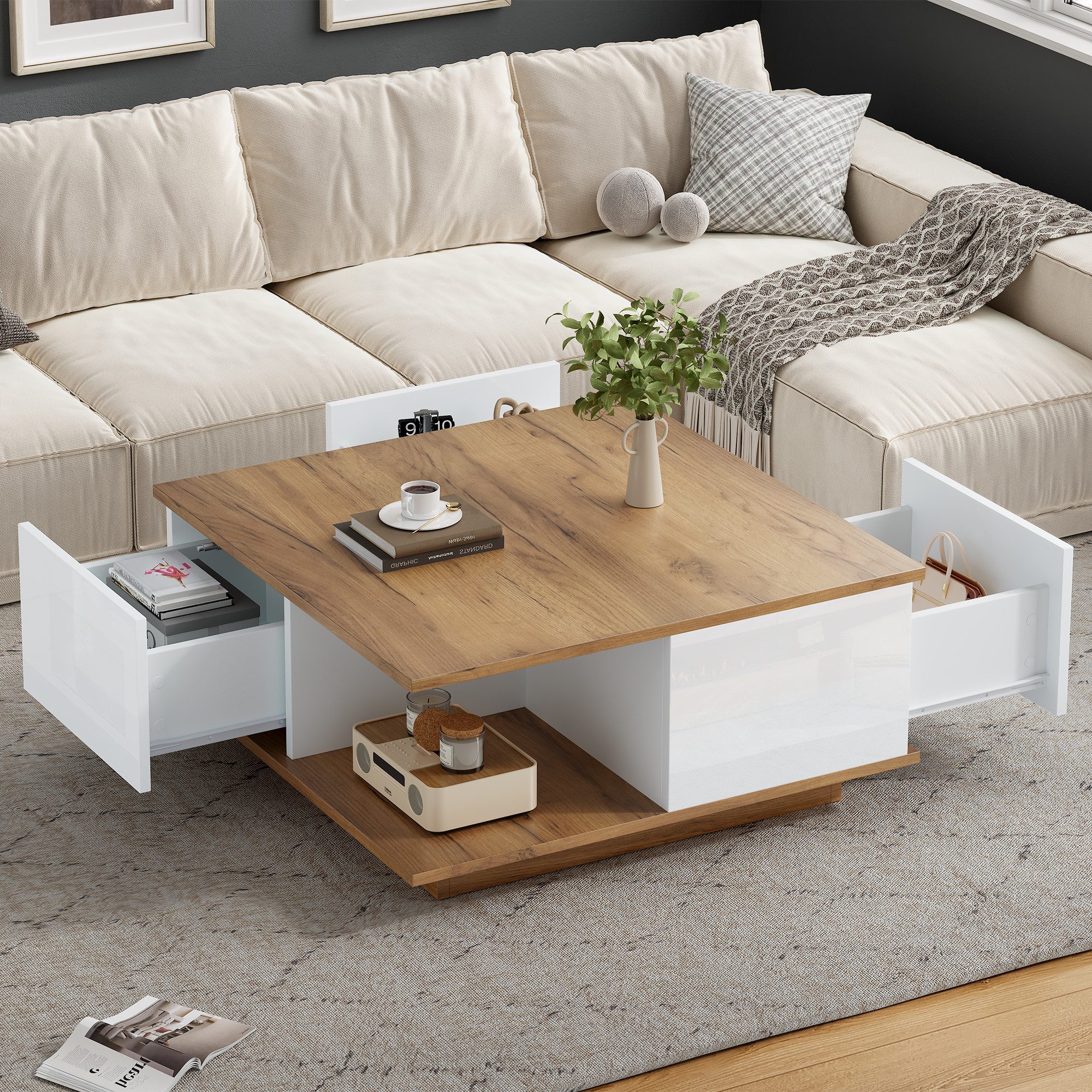HAUSS SPOLE Couchtisch mit Schubladen,Hochglanz-Sofatisch Wohnzimmertisch mit Stauraum (Sofatisch,Beistelltisch, 1-St., mit 3 Schubladen), geometrischer Kaffeetish