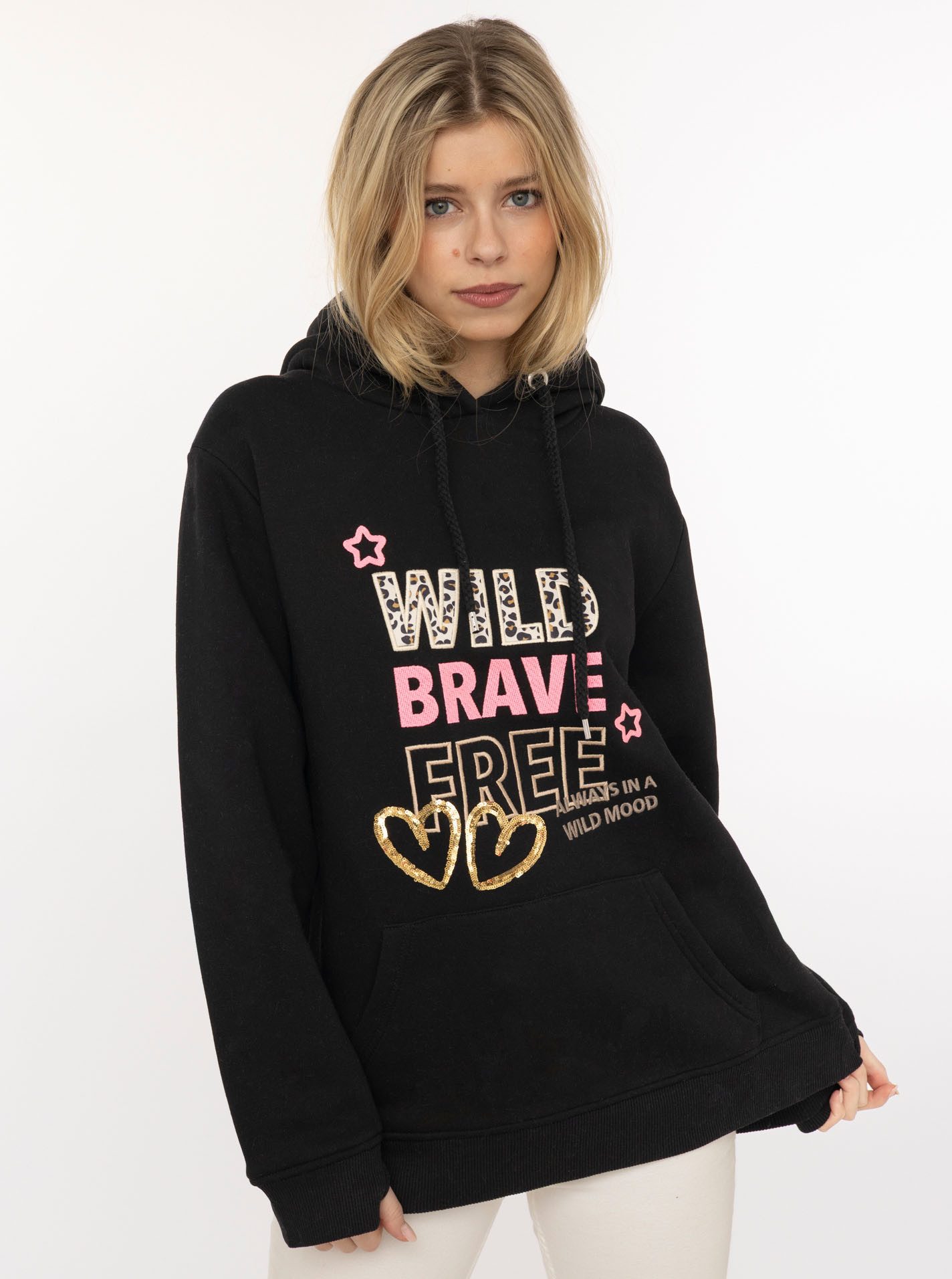 Zwillingsherz Hoodie "Wild Brave Free" gestickter Schriftzug, mit Pailletten, Leomuster, Fronttasche, Kapuze