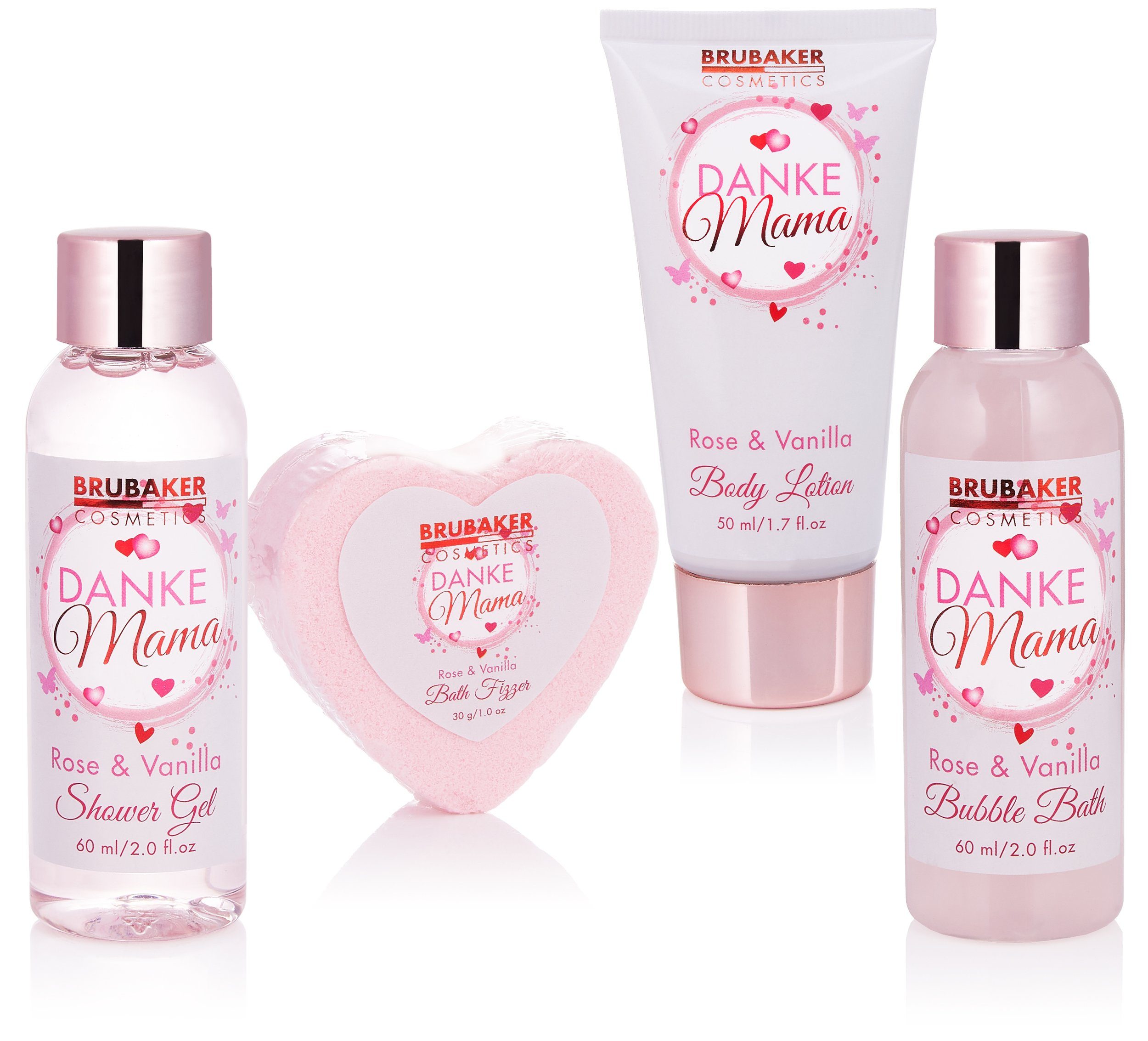 BRUBAKER Pflege-Geschenkset Dusch Set "Danke Mama" mit Rosen Vanille Duft, Badeset Geschenk, 5-tlg., Muttertagsgeschenk Tasse, Geschenkset in Becher, Pflegeset