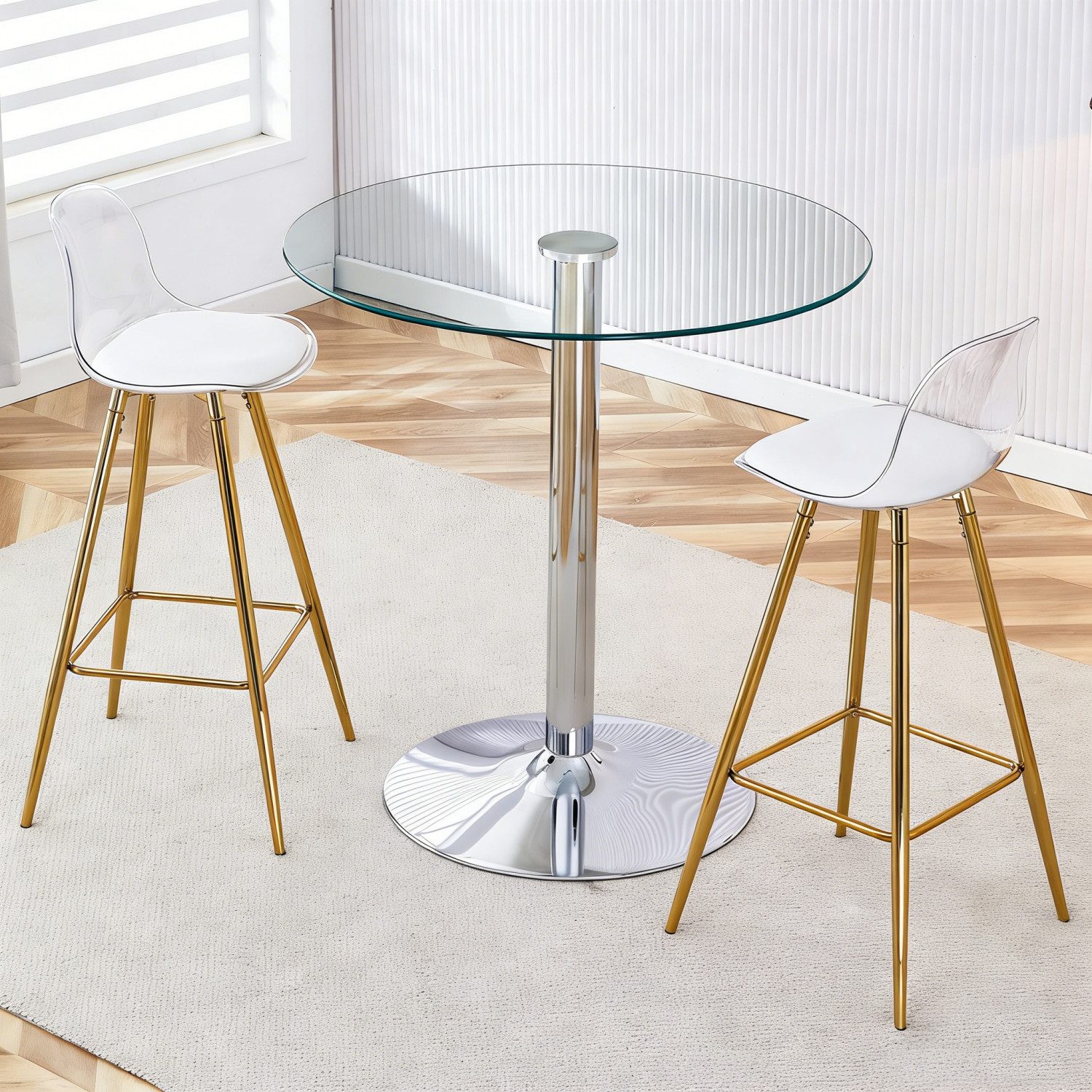 ANYSUN Bartisch Runder Glastisch mit 2 Barhocker (moderner gehärteter Runder Glastisch mit 89 cm,3-5 Sitzer-Bistrotisch), für Küche, Frühstück, Pub, Café, platzsparendes Design