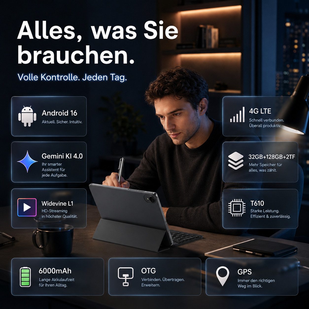 VekfulPC Android 16 4G LTE 5G Wifi 10,1" Tablet mit 6000 mAh Akku Set Tablet (10.1", 128 GB, Android16, 4G(LTE), Gemini AI 4.0, Widevine L1, mit Tastatur/Stift/Maus/Kopfhörer)