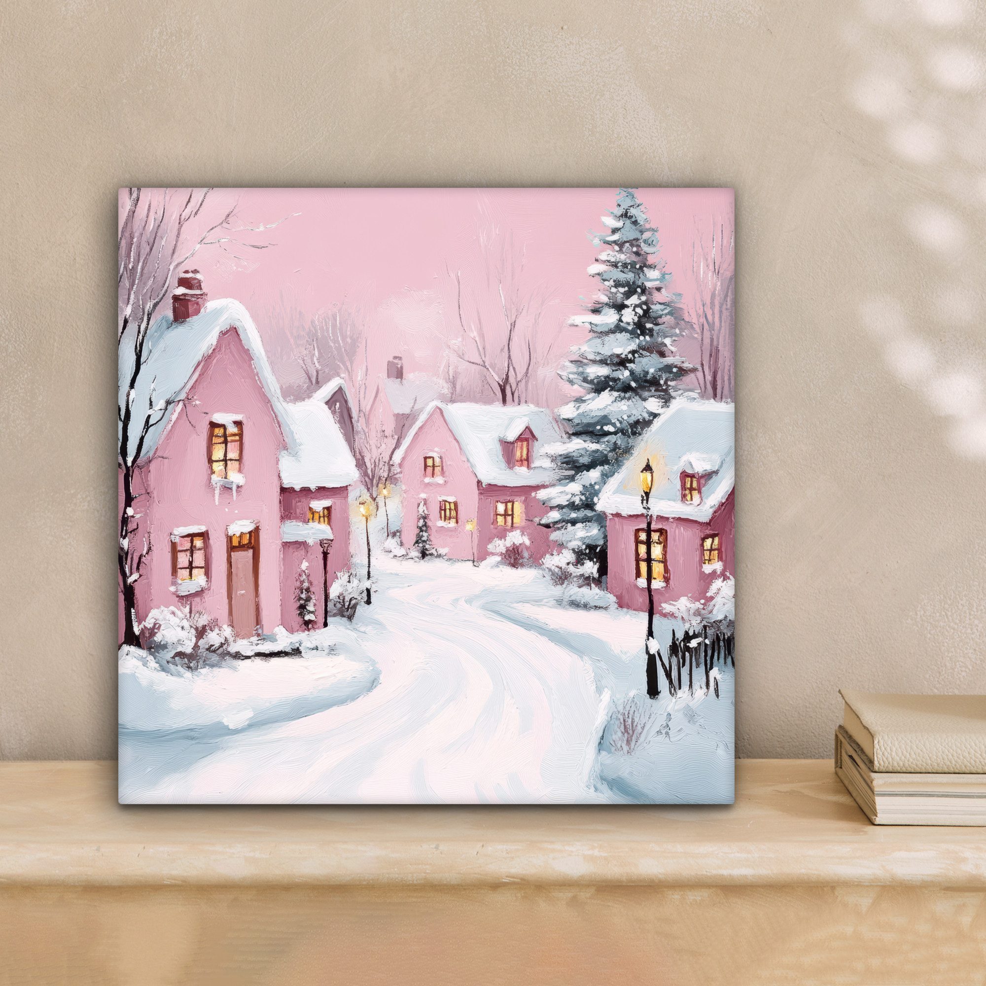 OneMillionCanvasses® Leinwandbild Weihnachtsdorf - Rosa - Winter - Schnee - günstig online kaufen