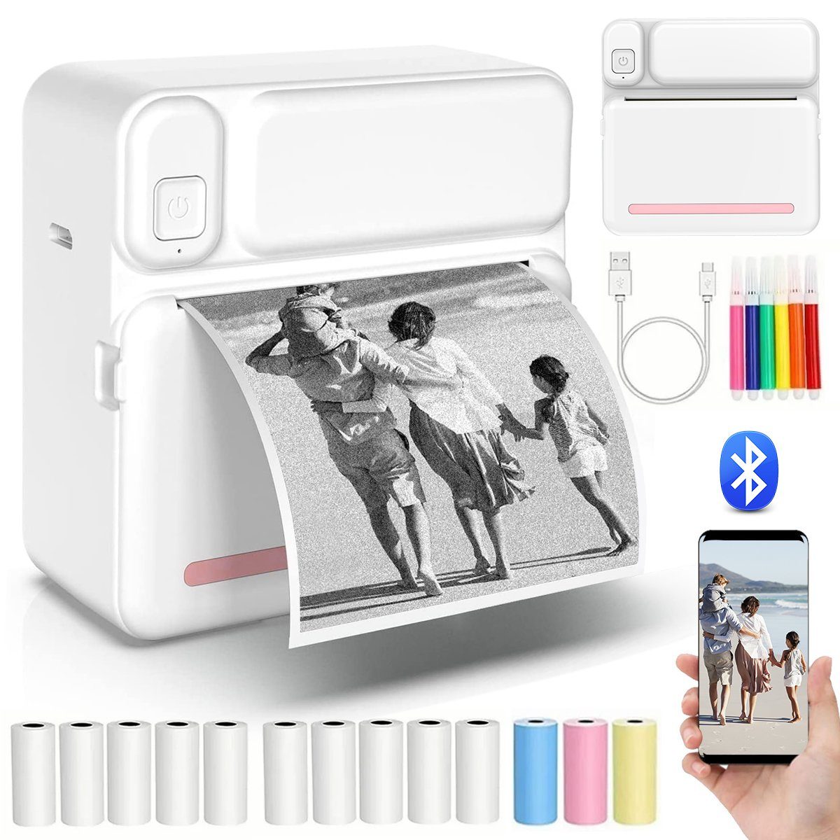 Jioson Thermodrucker Kompatibel für iOS Android Etikettendrucker Bluetooth Etikettendrucker, (Bluetooth-Fotodrucker, WLAN (Wi-Fi), Rosa Mini-Drucker, mit 5 Druckpapier 5 selbstklebendes Thermopapier,3 Farbdruckpapier)