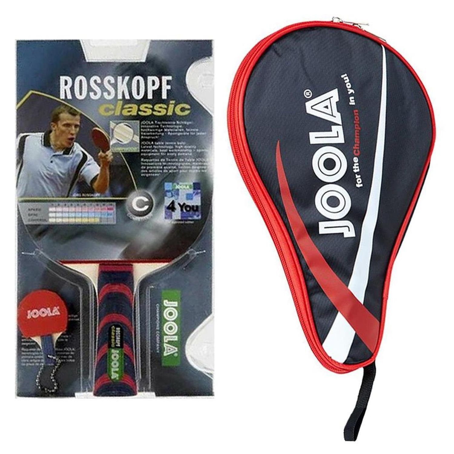 Joola Tischtennisschläger Rosskopf Classic + Pocket rot, Tischtennis Schläger Set Tischtennisset Table Tennis Bat Racket