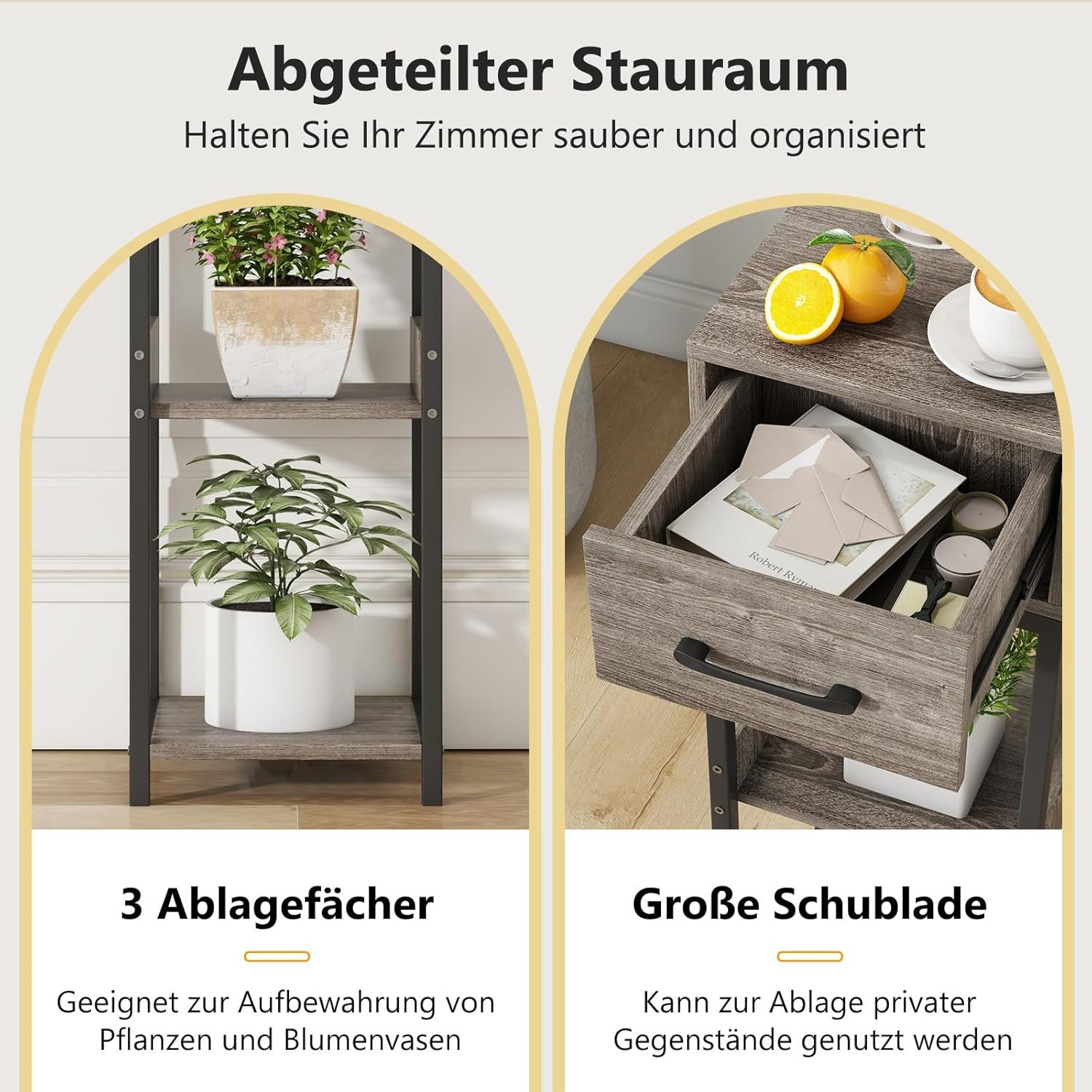 KOMFOTTEU Blumenständer Pflanzenständer, mit Schublade & offenen Ablagen