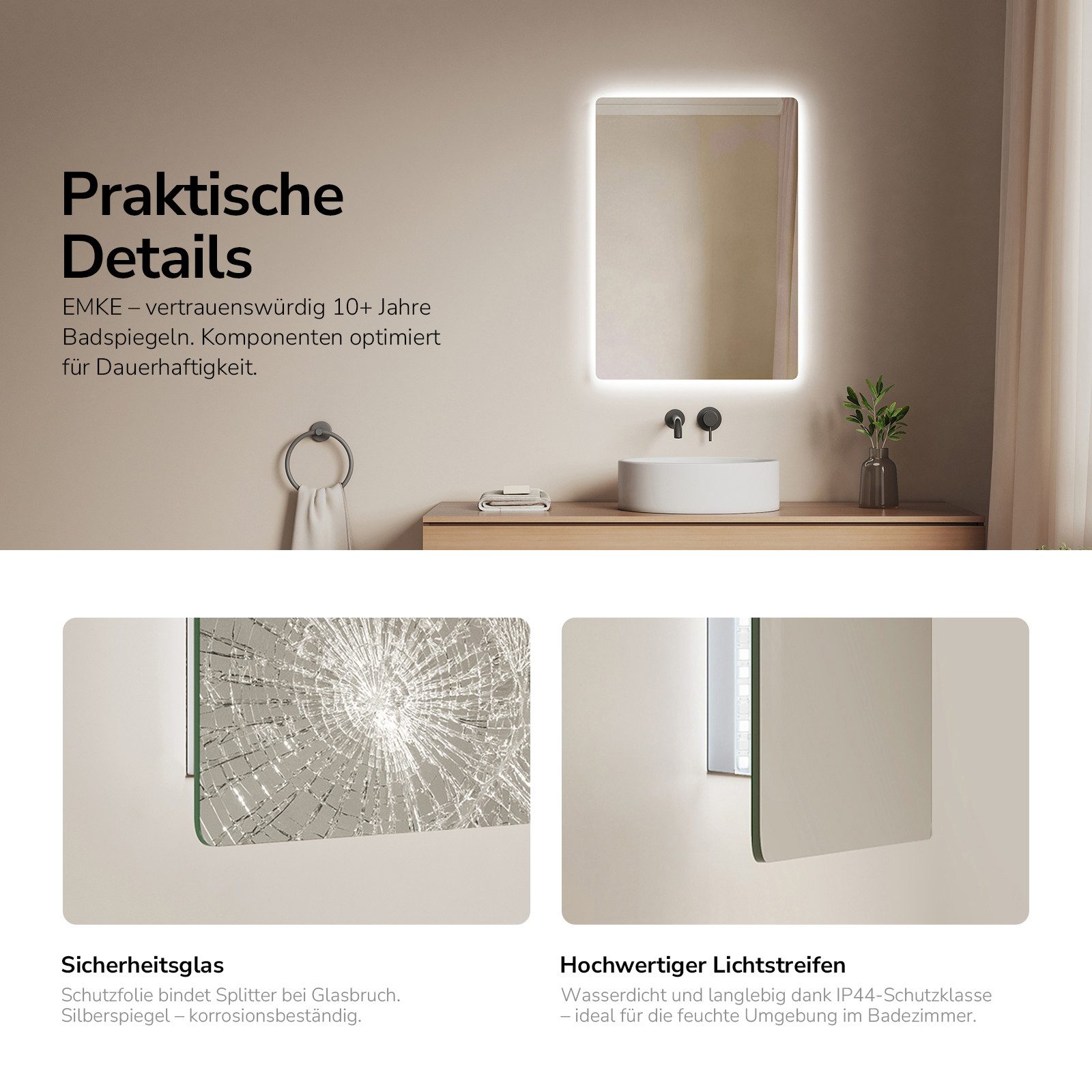 EMKE Badspiegel Badezimmers piegel mit LED Beleuchtung rahmenlos eckig Wandspiegel (Vertikal und Horizontal möglich), Wandschalter, Kaltweißes Licht 6500K 70-80 – Bild 4 von 5