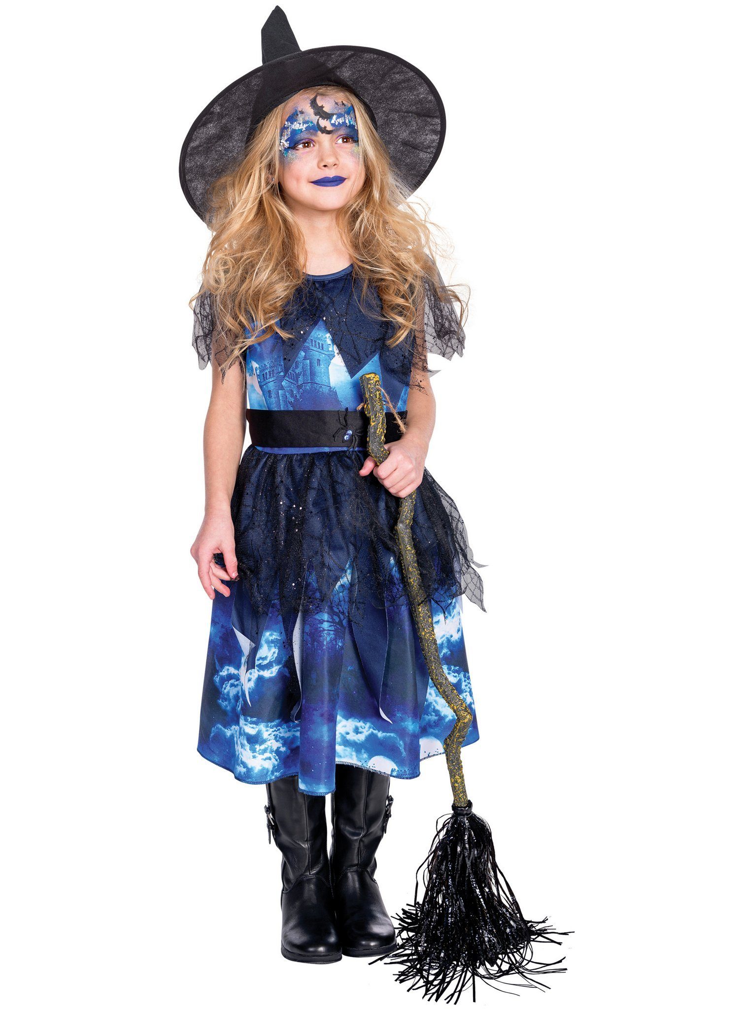 Rubie´s Hexen-Kostüm Schlosshexe - Halloween Kostüm Kinder Mädchen, Hexenkostüm mit schönem Fotodruck eines Spukschlosses
