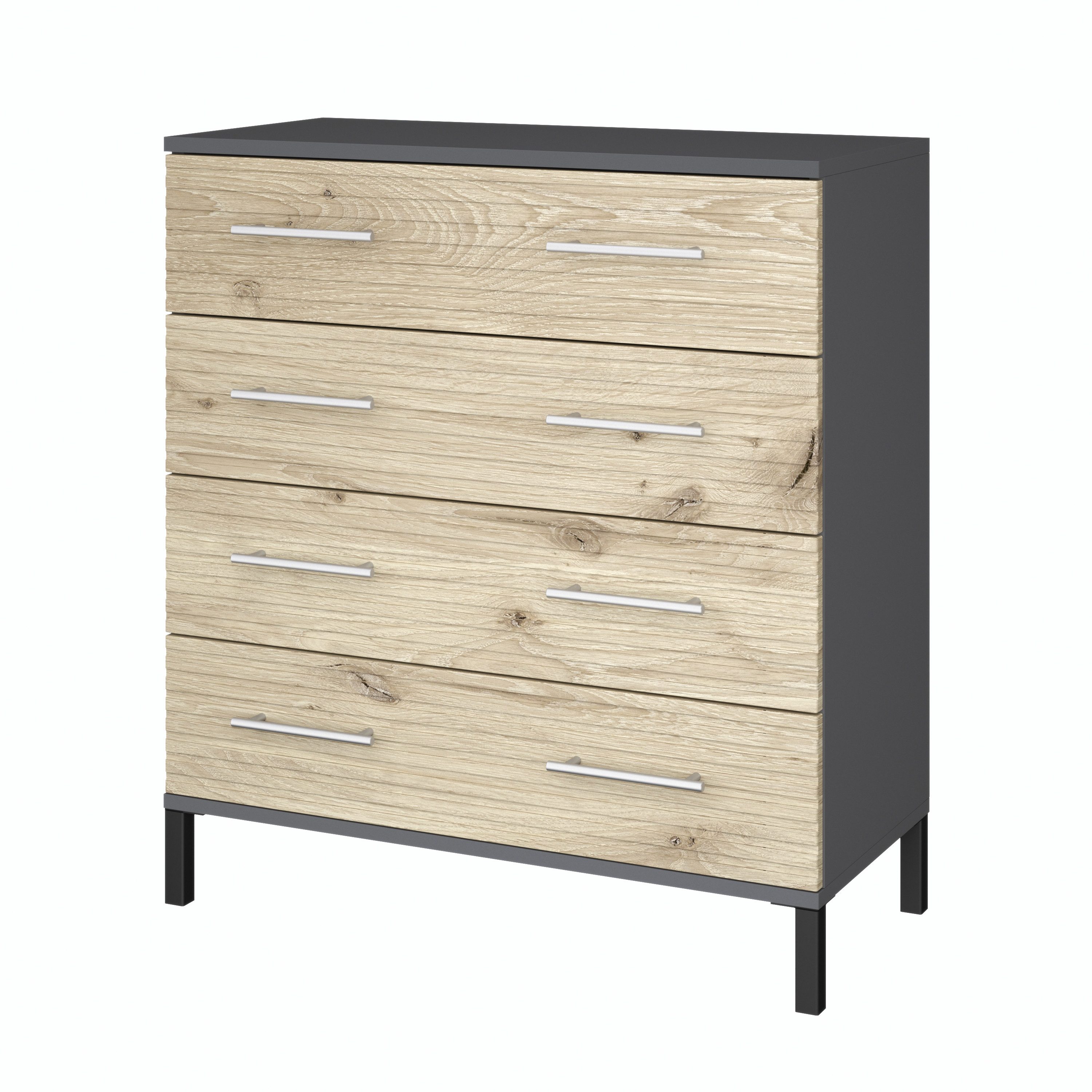 Vladon Kommode Bravo (Moderner Schrank mit 4 Schubladen, Aufbewahrungsschrank für Schlafzimmer, Flur, Wohnzimmer), Anthrazit / Eiche (76 x 84 x 35 cm)