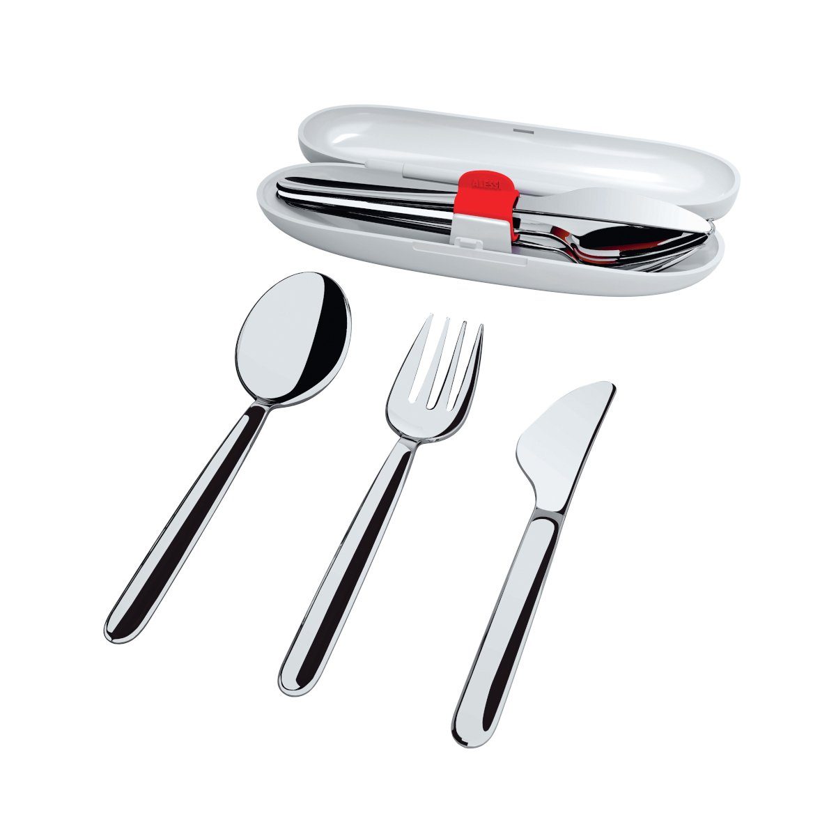 Alessi Besteck-Set Reisebesteck Set, Edelstahl 18/10 poliert, Etui thermoplastisches Harz, Je 1 Löffel, Messer, Gabel 15.5 cm lang