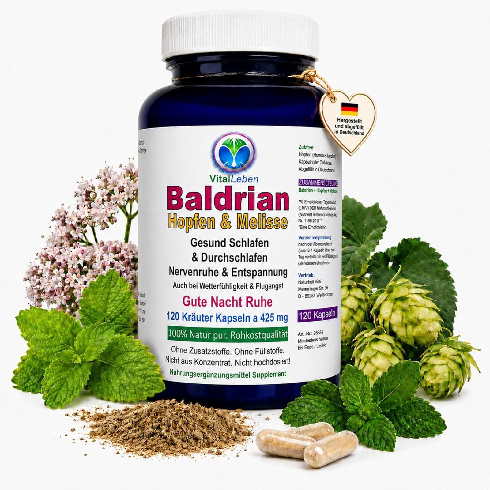 VitalLeben Baldrian Hopfen Melisse für Entspannung & Abendruhe ohne Zusatzstoffe Kapsel, 1 er Dose à 51 g, Art. 26660-120