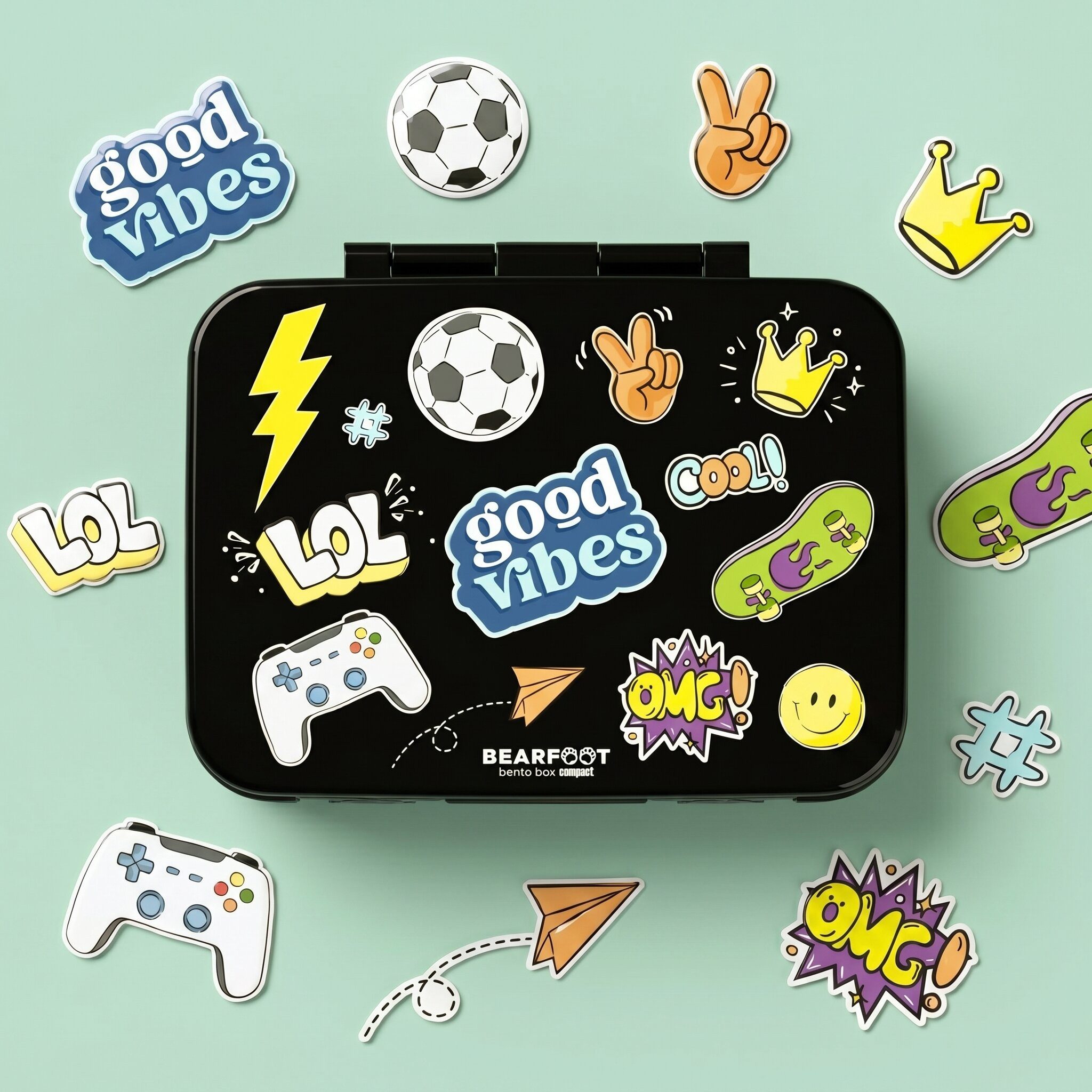 BEARFOOT Lunchbox Brotdose mit Fächern, leicht & auslaufsicher - Sticker schwarz, PP, ABS, Silikon, Kindergarten und Schule - Mädchen und Jungen, Vesperbox, Snackbox