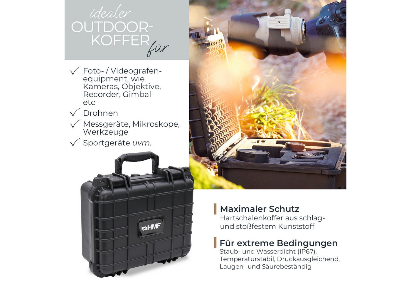 Thumbnail - HMF Werkzeugkoffer Robuster Outdoorkoffer mit Druckausgleichsventil und Rasterschaumstoff, Outdoor-Koffer wasserdicht un...