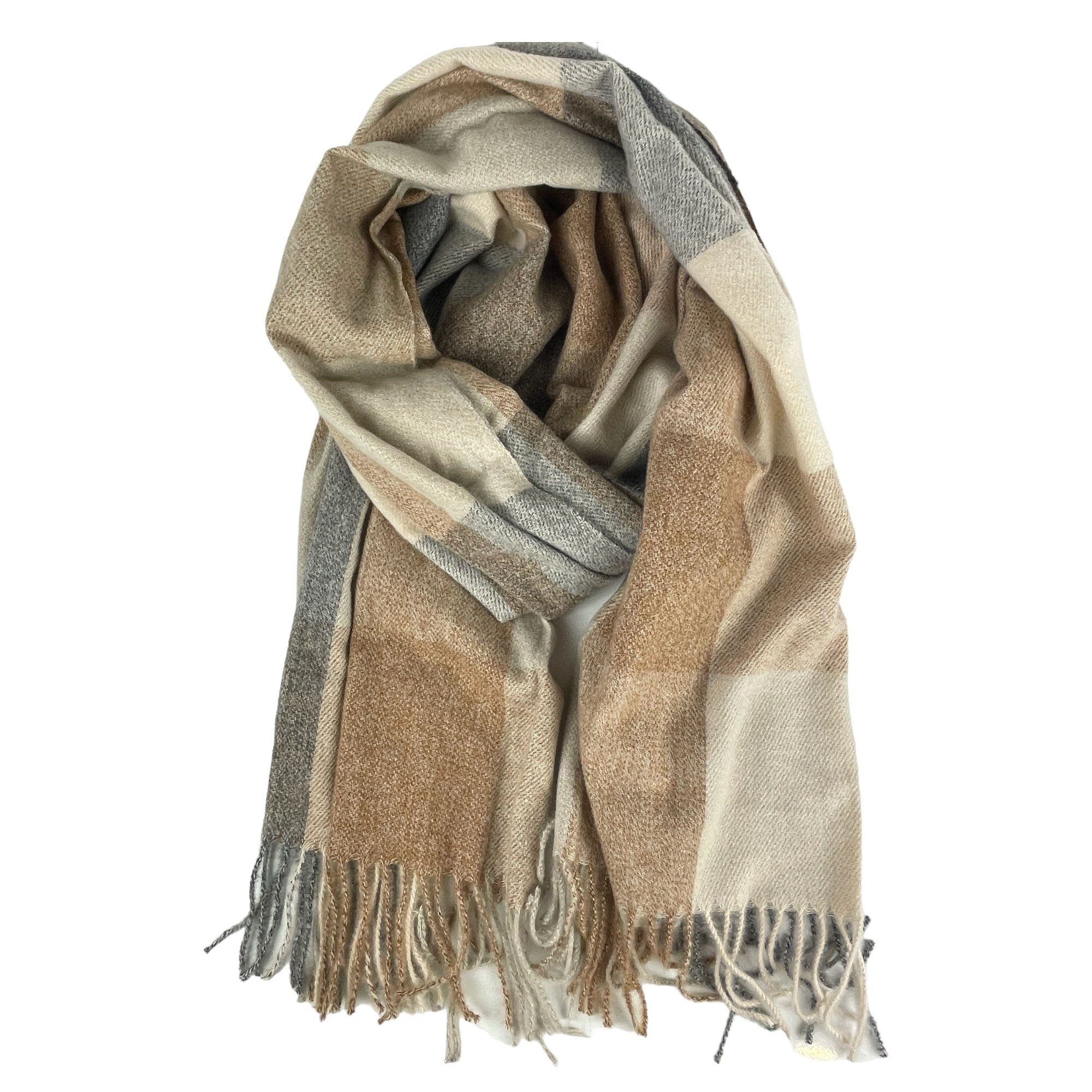 Taschen4life Schal großer Damen Schal mit Fransen, modernes Karomuster, tolle Farbkombination, Herbst/Winter Accessoires beige multi