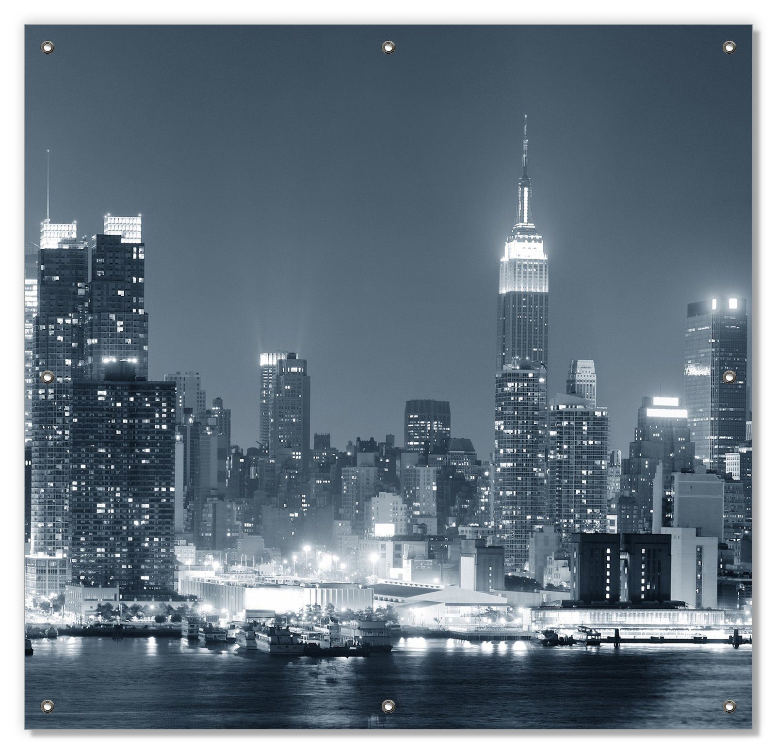 Sonnenschutz New York Skyline - Schwarz Weiß Blau, Wallario, blickdicht, mit Saugnäpfen, wiederablösbar und wiederverwendbar