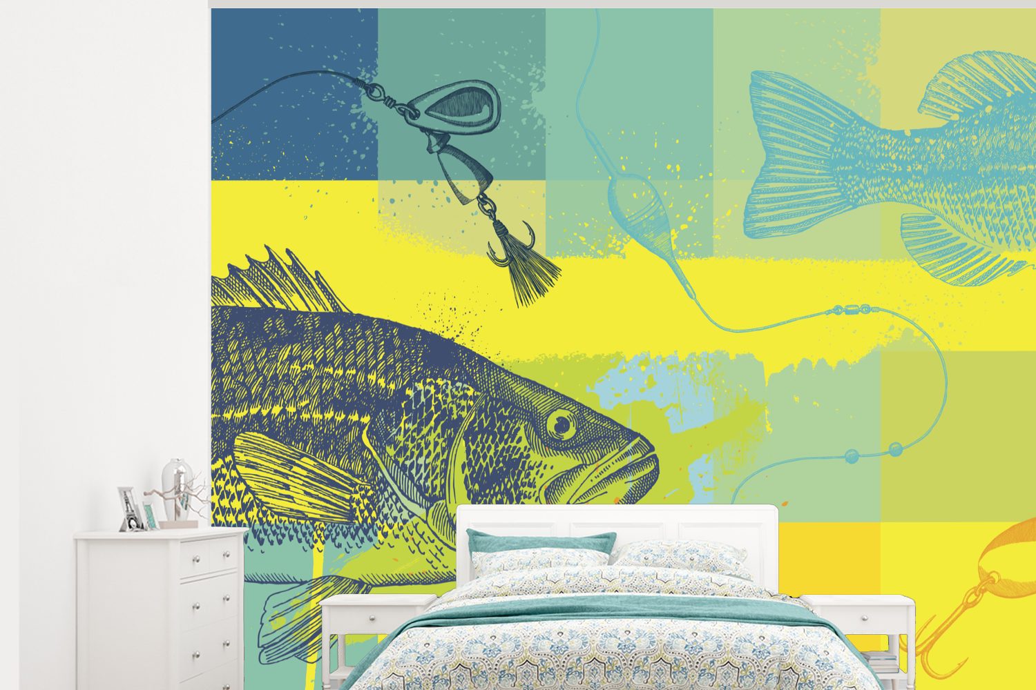 MuchoWow Fototapete Farbige Illustration eines Vinyl (5 Montagefertig Tapete Matt, Fisches, Wohnzimmer, für Wandtapete bedruckt, St)