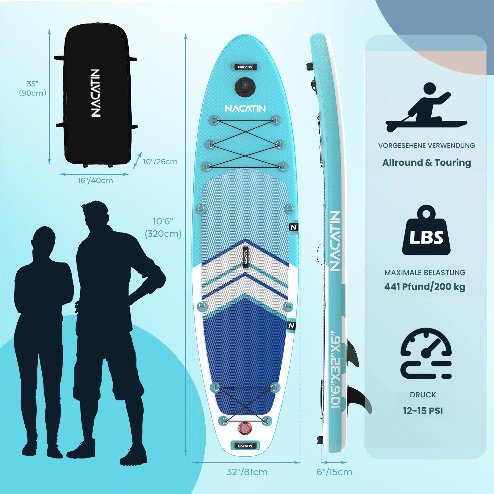 NACATIN Inflatable SUP-Board 320 cm, Aufblasbares Stand-Up-Paddle Board für Allround & Touring, Inflatable SUP Board, (inkl. Rucksack, 10L Trockenbeutel, Handyhülle & Schultergurt), mit umfangreichem Zubehör