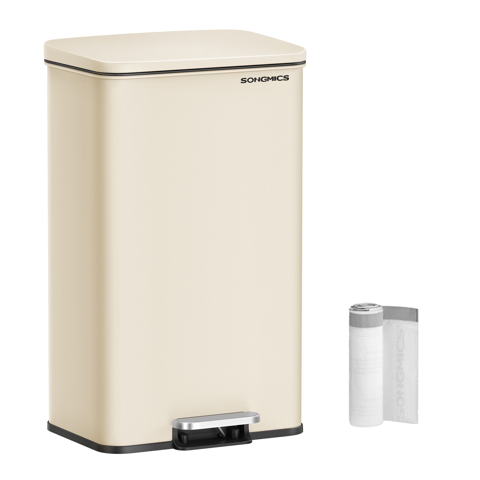 SONGMICS Mülleimer Küche, Abfalleimer, großer Tretmülleimer, mit Deckel, aus Stahl, Softclose, inklusive 15 Müllbeutel, 40 Liter
