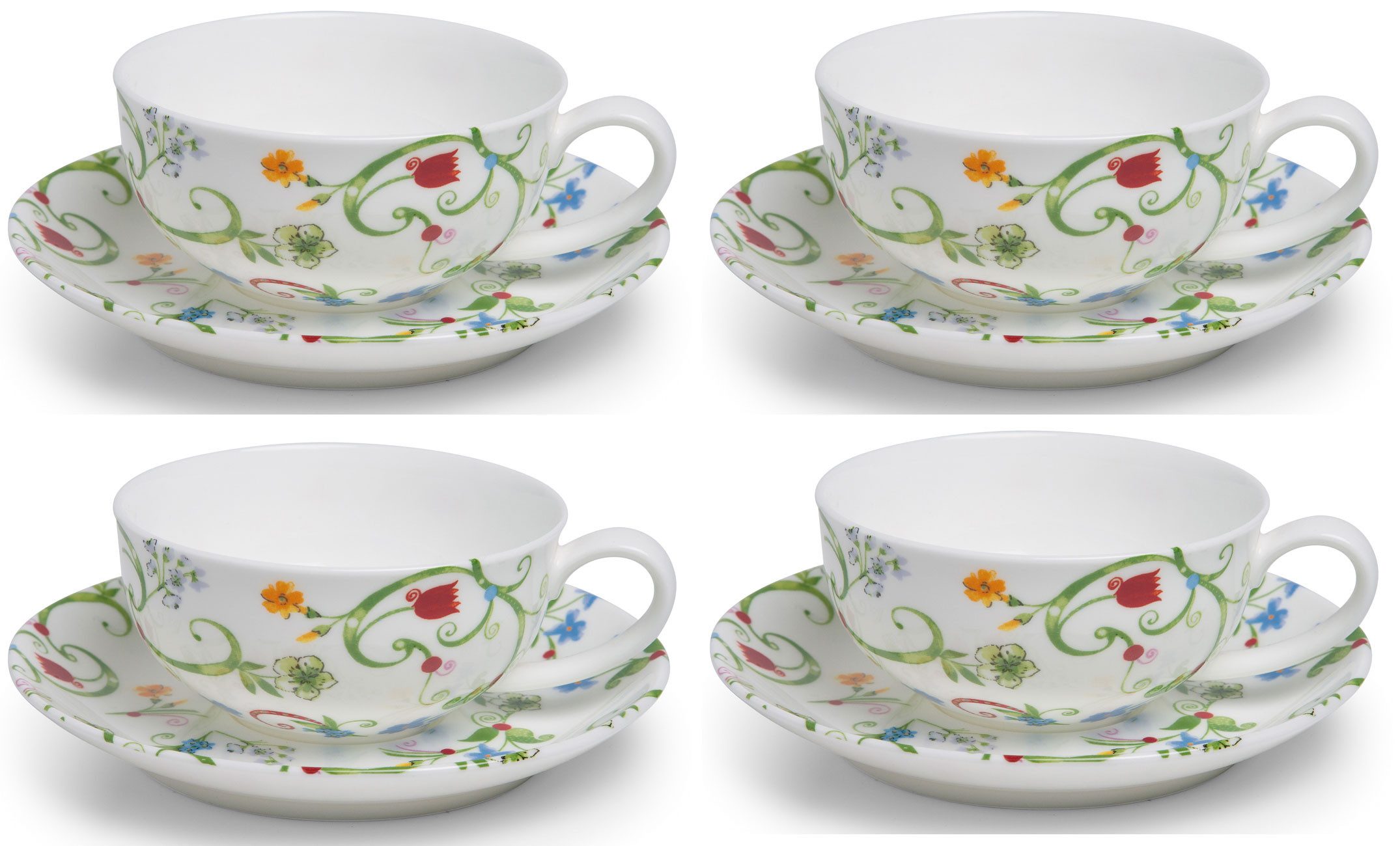 Dekomiro Teeservice TeaLogic Fleurette Tasse und Untertasse 4er Set, 4 Personen, Fine Bone China, 8 Teile für 4 Personen