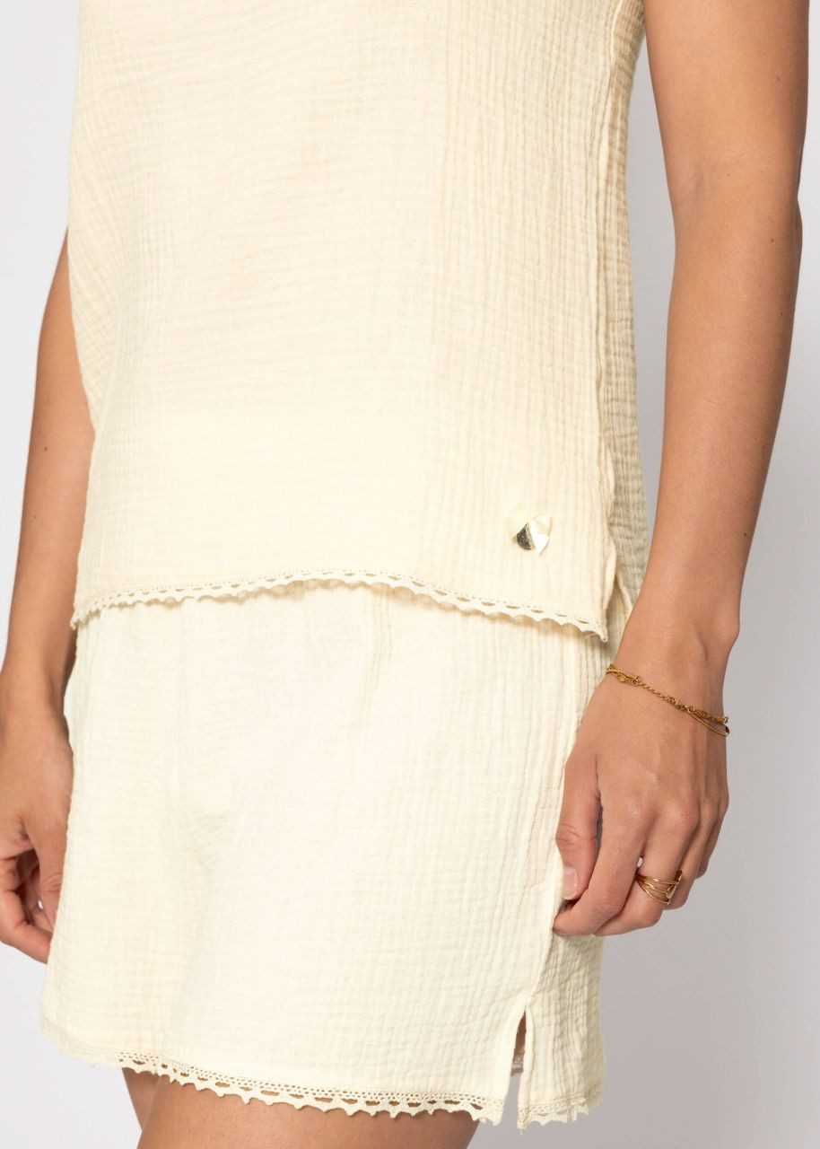 SASSYCLASSY Pyjamaoberteil Musselin Pyjamatop mit Spitzenborte für Damen Leichtes Top aus Musselin mit Schleifendetail Rosa Blau Gelb Weiß