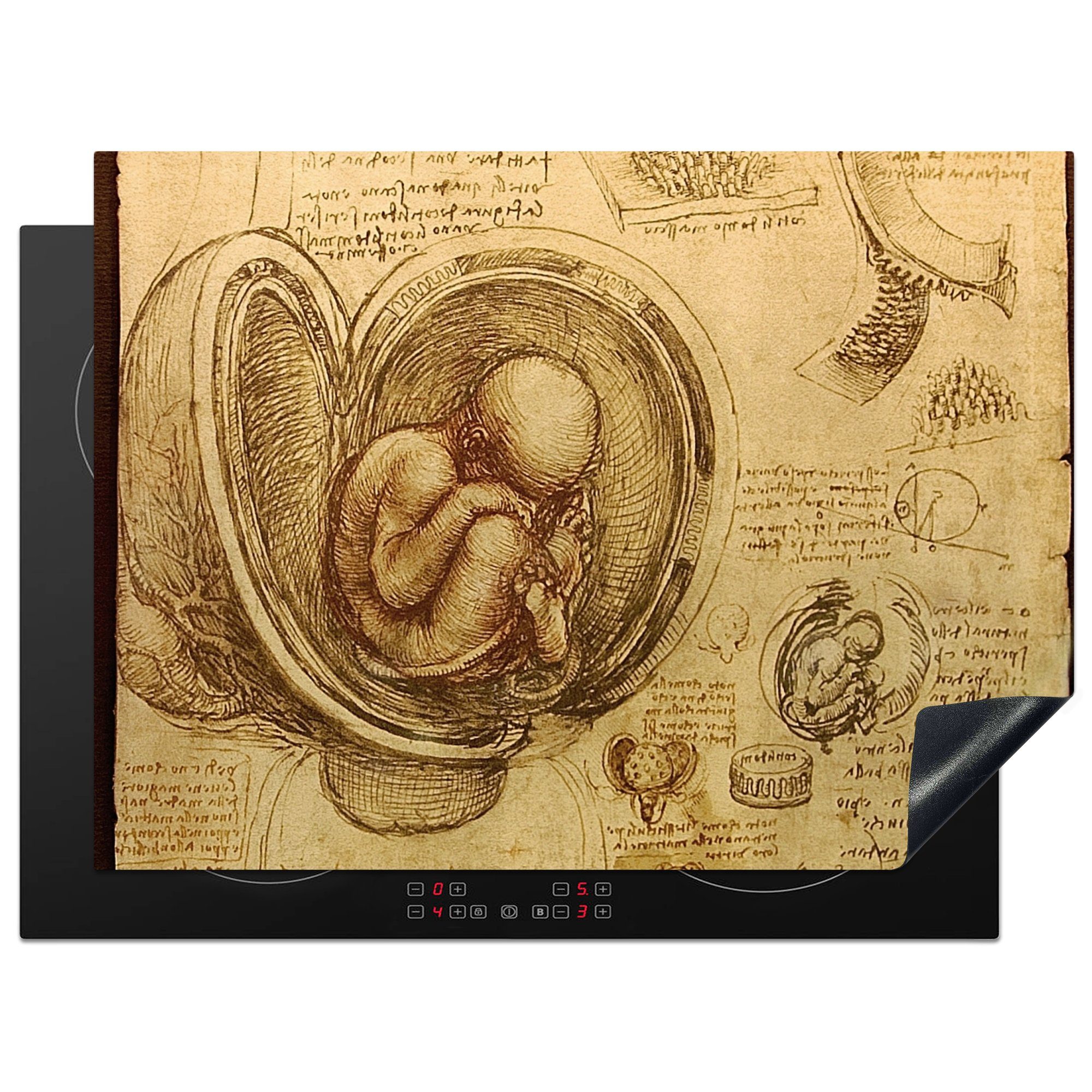 MuchoWow Herdblende-/Abdeckplatte Baby im Mutterleib - Leonardo da Vinci, Vinyl, (1 tlg), 70x52 cm, Mobile Arbeitsfläche nutzbar, Ceranfeldabdeckung