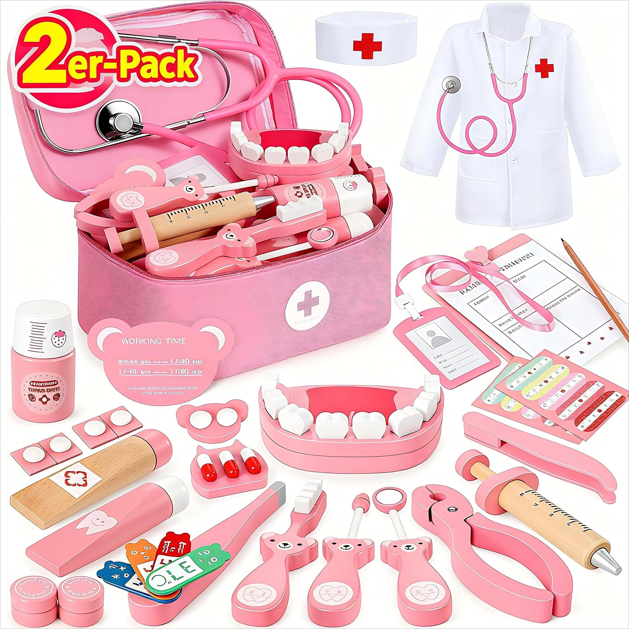 POPOLIC Spielzeug-Arztkoffer Doktorkoffer für Kinder ab 3, 4, 5 Jahre Medizinische Spielzeug, (Arztkoffer Kinder Holz Spielset, Rosa, 2-tlg., Mit Hochsimuliertem Stethoskop, Rollenspiel Kinder Spielzeug), für Kinder ab 3, 4, 5 Jahre Medizinische Spielzeug, Zahnarzt Spielzeug