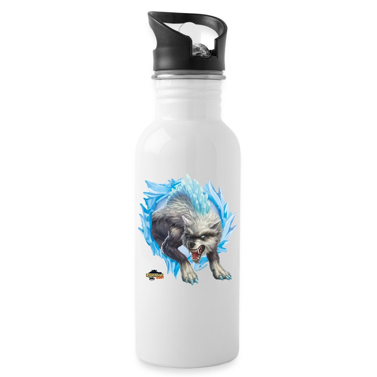 Spreadshirt Trinkflasche Schleich Eldrador Creatures Schneewolf Geschenk Wasserflasche mit Stro