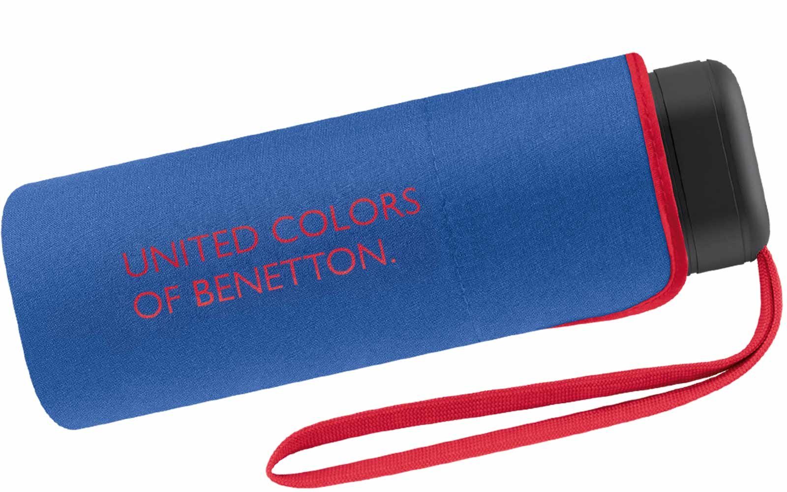 United Colors of Benetton winziger blau-rot Handöffner, mit mit Kontrastfarben am Schirmrand - Damen-Regenschirm Taschenregenschirm