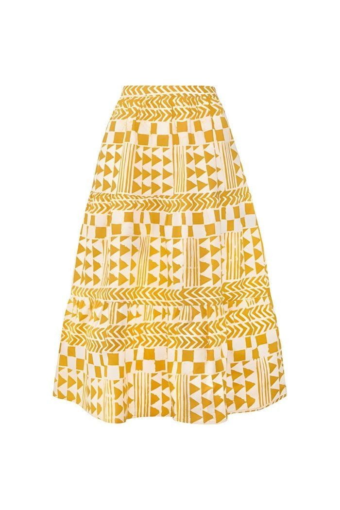 Global Mamas A-Linien-Rock Tiered Adobe Gold - Gelb Handgebatikt in Ghana · Unikat · Fair Trade zertifiziert (WFTO)