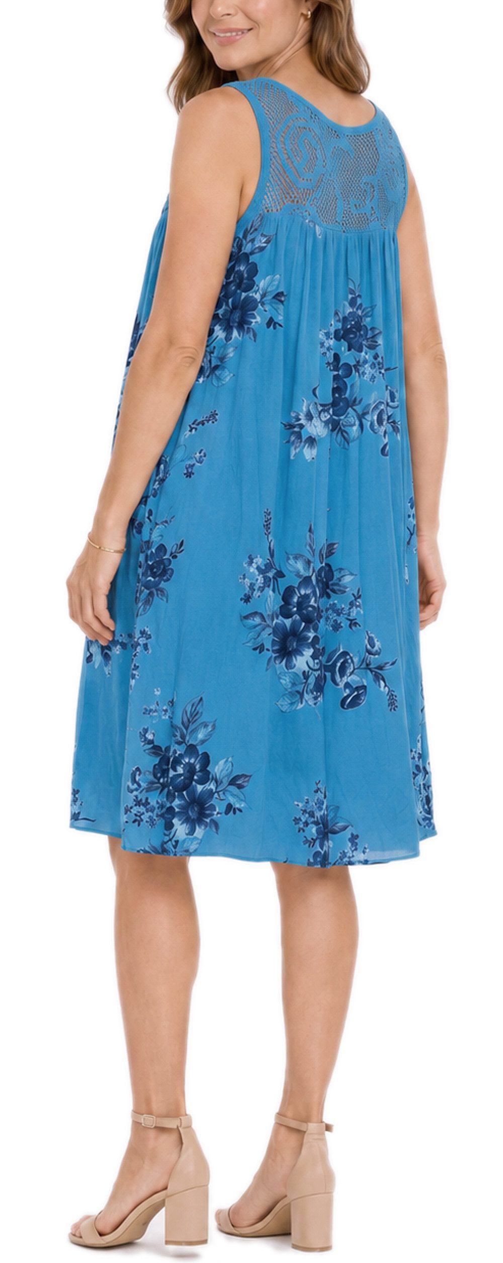 dy_mode Midikleid Damen Sommerkleid Blumenmuster Midi Kleid Strandkleid knielang Knielang, Transparente Häkel-Einsatz im Dekolleté- und Rückenbereich