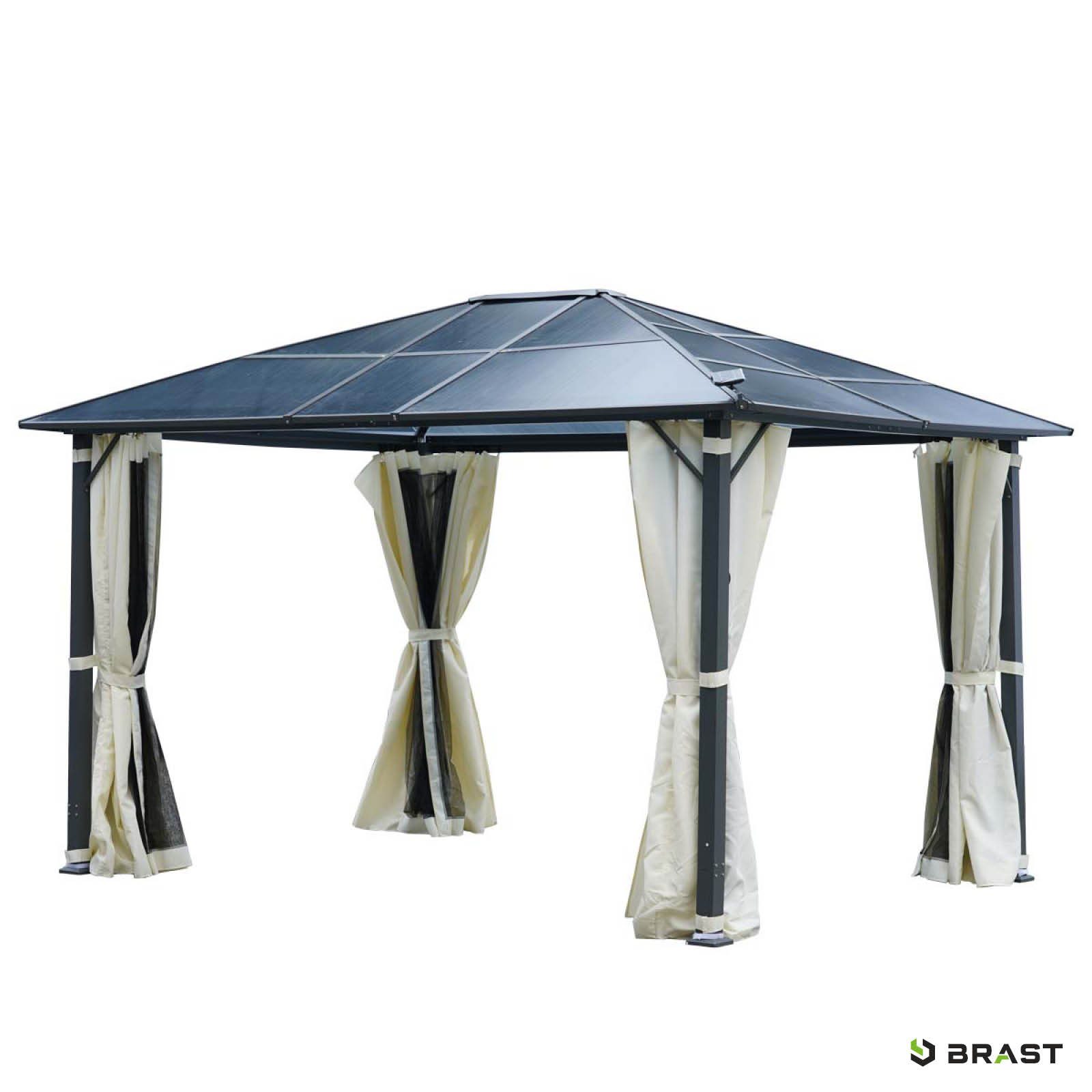 BRAST Pavillon Premium Aluminium Größen 3x4m 3,6x4,8m Moskitonetz, mit 4 Seitenteilen, wahlweise mit LED, TÜV, wasserdicht, UV-Schutz, festes Dach