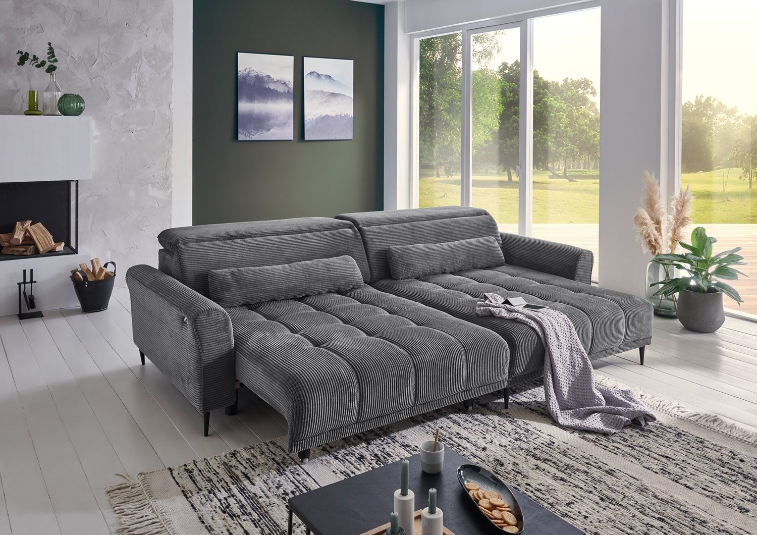 Iwaniccy Ecksofa LOGAN, Cordbezug, Dunkelgrau, B 277 x T 179 cm, 2 Nierenkissen