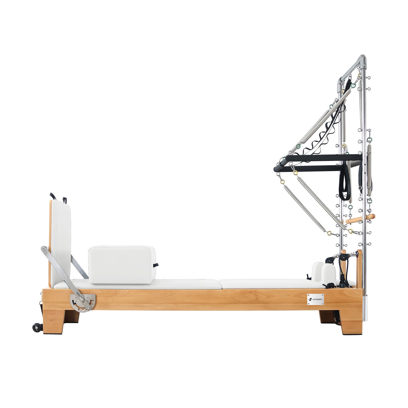 JASPORT Pilates-Reformer B80 mit Tower aus Buchenholz, 150 kg belastbar, (Pilates Reformer Set inkl. Tower und Zubehör), Massives Buchenholz, Mehrfaches Federsystem