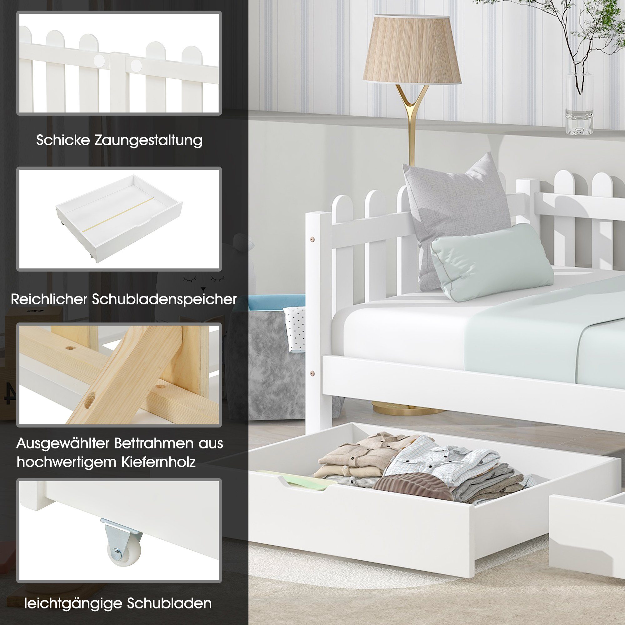 Daybett (1 tlg), Einzelbett Tagesbett Kinderbett mit Rausfallschutz, 2 MDF Schubladen und Lattenrost, Kiefernholz, Bett 200x90cm