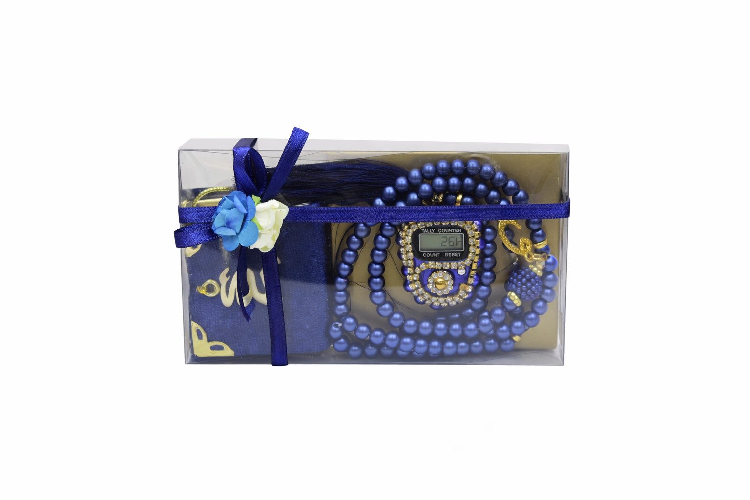 Aymasal Perlenketten-Set Islamische Geschenke 3tlg. 99 Perlenkette & Fingerzähler & Mini Koran, Dhikr Zähler mit Strasssteinen, schöne Geschenkverpackung