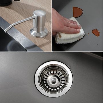 AuraLum pro Einbauspüle Küchenspüle Edelstahl Spüle Spülbecken mit Seifenspender 50x43 cm, Leicht zu reinigender Siphon