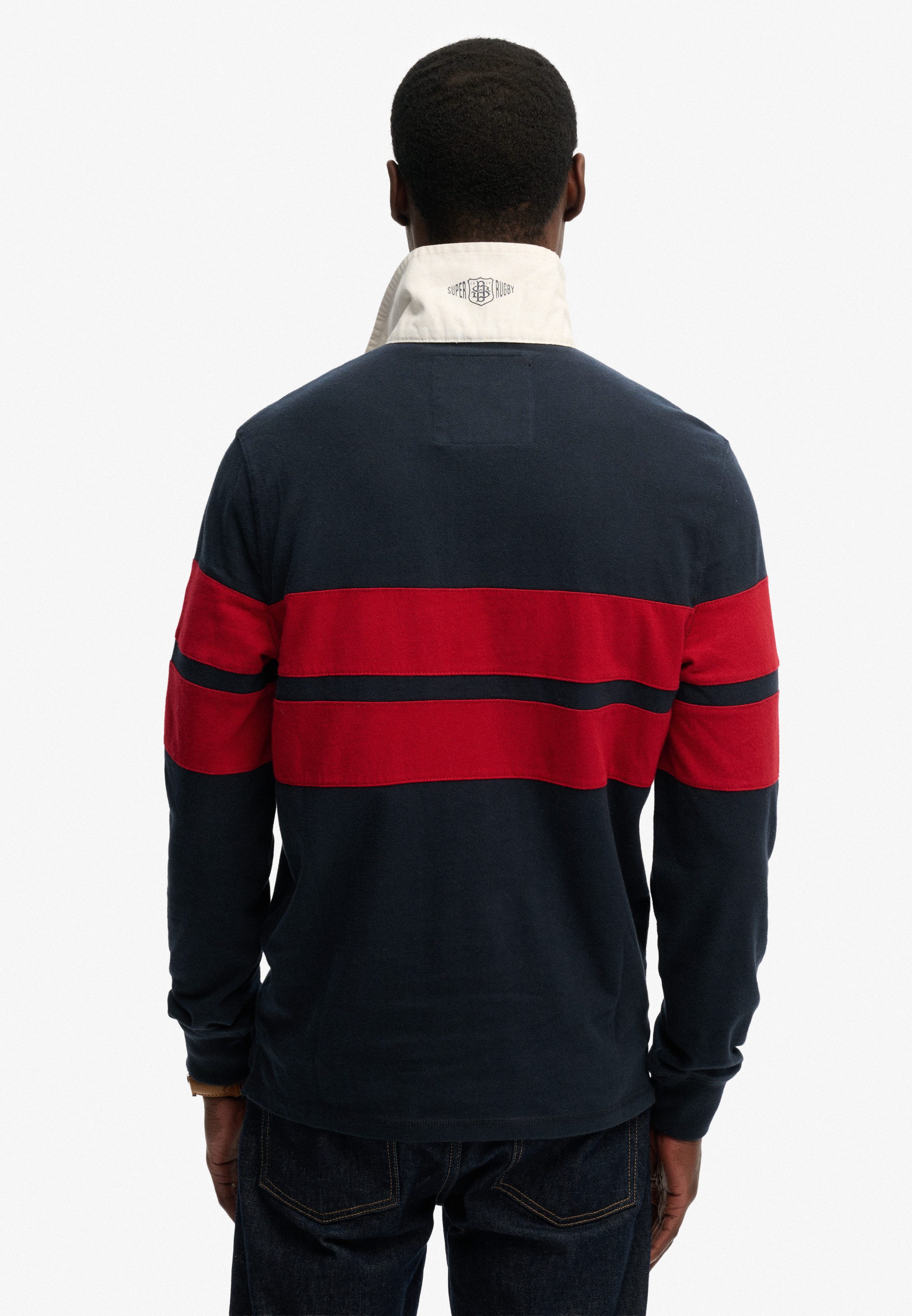 Superdry Langarmshirt DOUBLE EMBLEM STRIPE RUGBY aus Baumwolle und Single Jersey, Relaxed Fit, gestreifte Optik