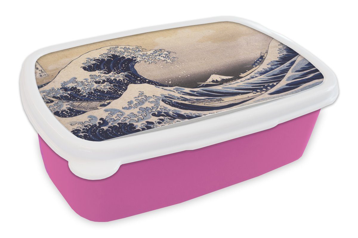 MuchoWow Lunchbox Die große Kluft von Kanagawa - Gemälde von Katsushika Hokusai, Kunststoff, (2-tlg), Brotbox für Erwachsene, Brotdose Kinder, Snackbox, Mädchen, Kunststoff rosa