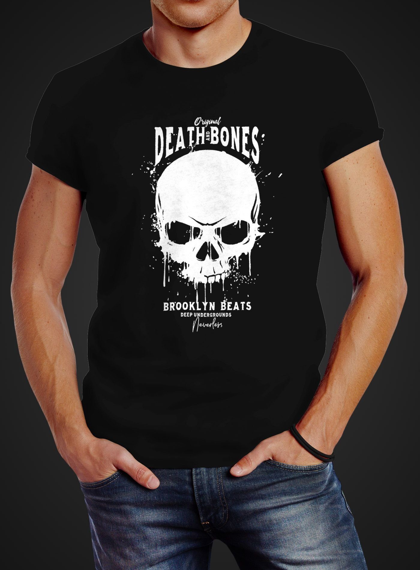 Death Skull Print Outfit and T-Shirt schwarz Club Print-Shirt Slim mit Neverless® Totenkopf Bones Fit Neverless Herren