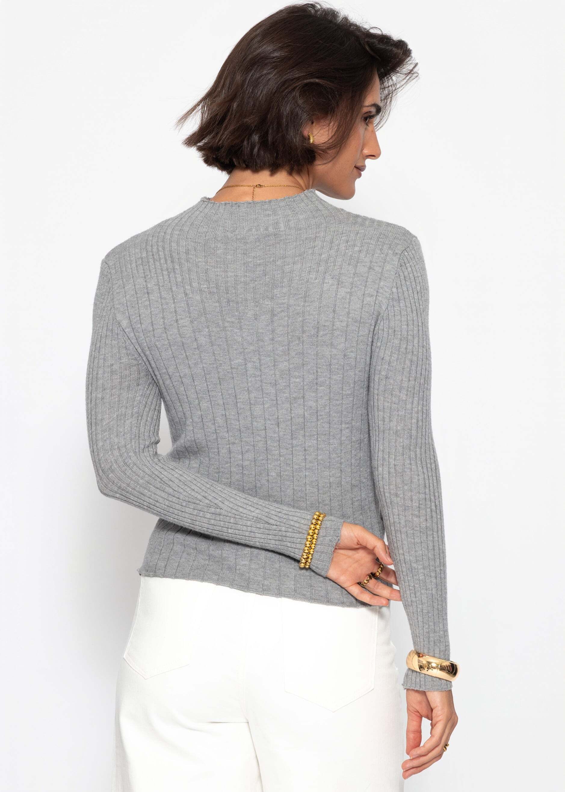SASSYCLASSY Langarmshirt Oberteil mit Stehkragen für Damen weiches zeitloses Langarmshirt in Beige – Bild 5 von 5