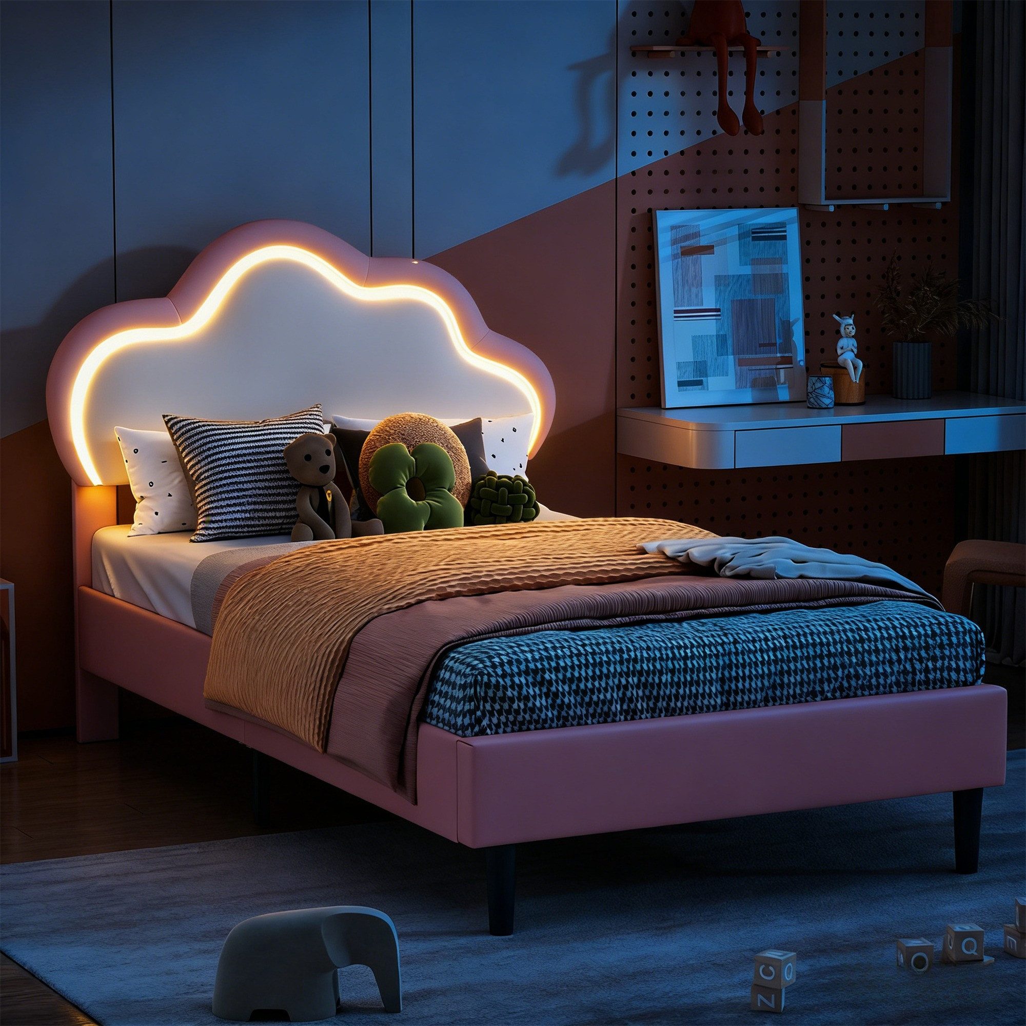 Furnishings Home Kinderbett Polsterbett LED mit Hasenohren Kopfteil 90x200 cm (1-tlg., LED Beleuchtung steuerbar per App/Fernbedienung), Einzelbett mit Hasenohren Kopfteil und Lattenrost, Samt