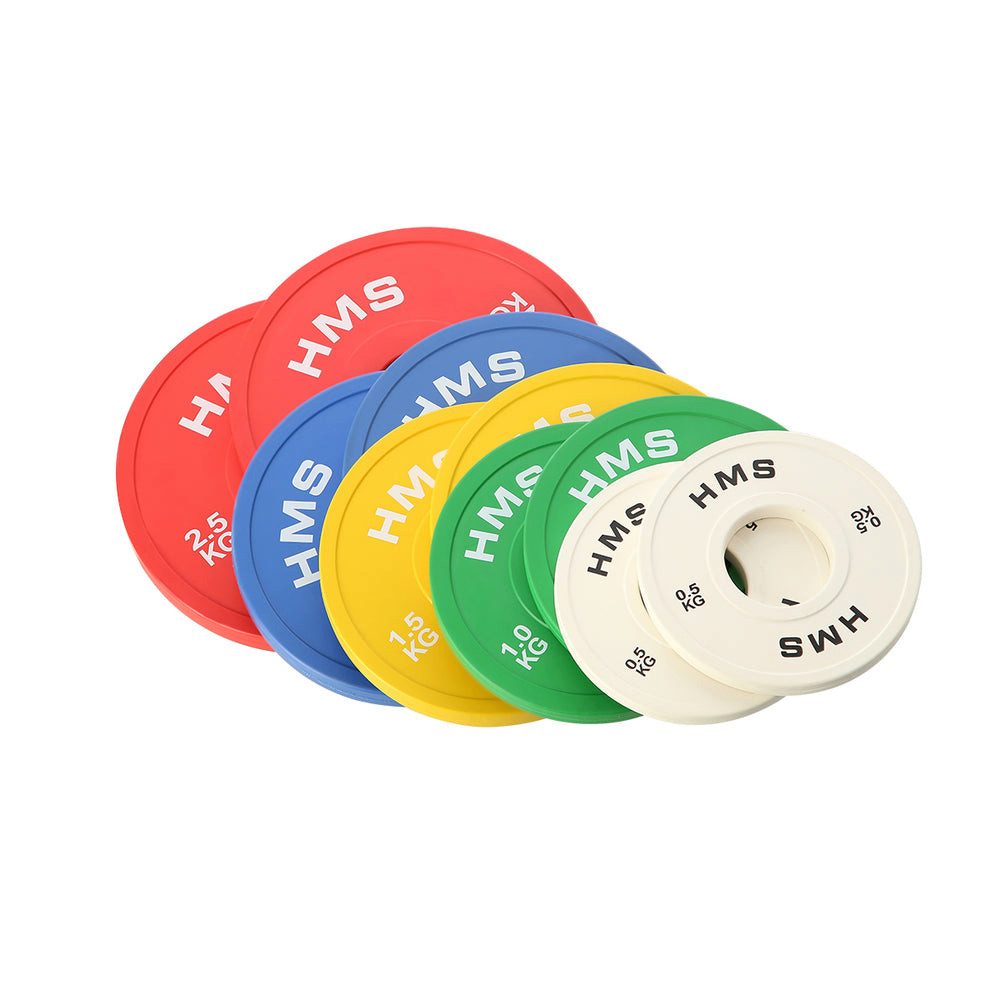 HMS Hantelscheibe Gewichtsscheiben Langhantelscheiben Feingewichte, 15.0 kg, (Spar-Set, 10-tlg., 5-21 cm kalibriert, Ø 13), kalibriert, gummiert, farbcodiert, 51 mm Aufnahme