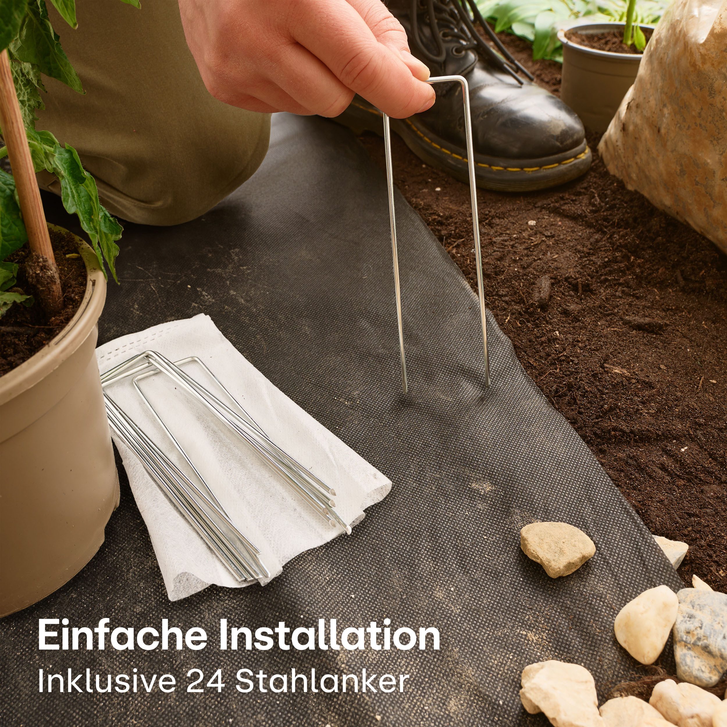 Praknu Gartenvlies Unkrautvlies 100g/m² 50m² - 24 Erdanker Wasserdurchlässig UV-Stabil, (Einzelartikel, 50g/m² Unkrautvlies 20m² mit 24 Erdankern wasserdurchlässig), Wasserdurchlässig, UV-Stabil, Reißfest, Chemiefrei, Nachhaltig