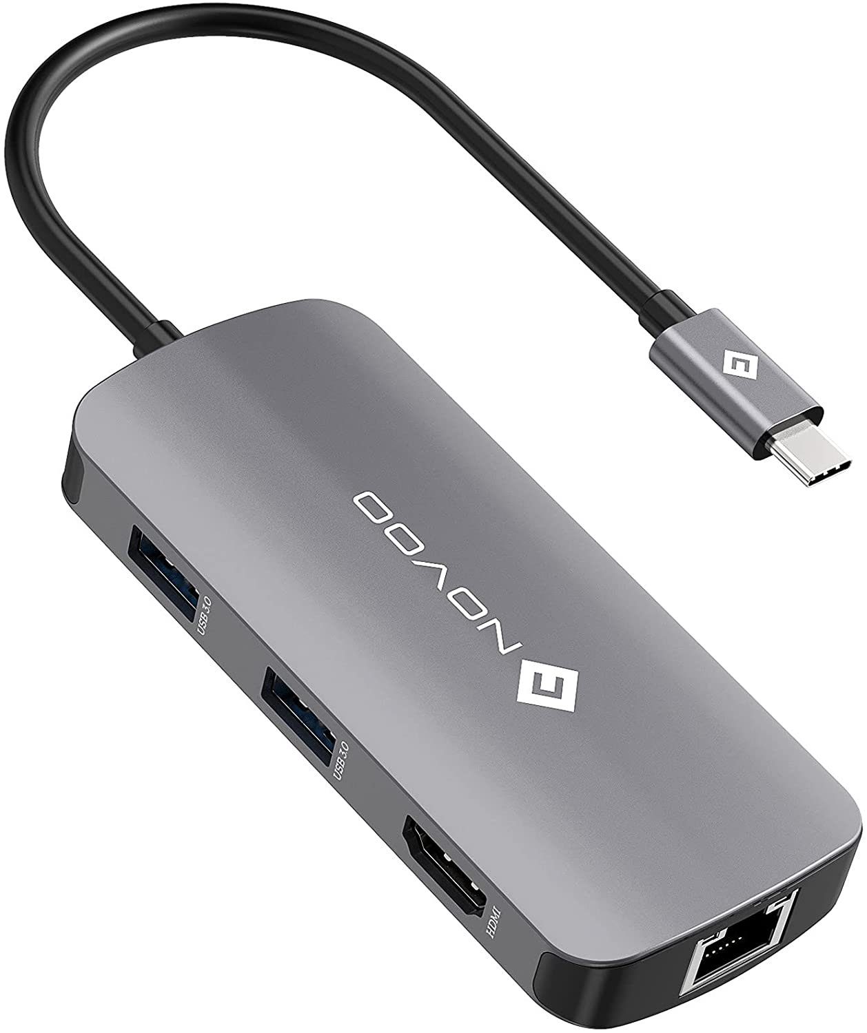 NOVOO 7 in 1 Adapter für technische Geräte, Anschlusserweiterung für den PC USB-Adapter USB-C zu HDMI, USB-C Power Delivery, 3xUSB 3.0, USB 2.0 Mini-B, RJ45, Kompatibel mit Windows Laptop, Tablet, MacBook & Ipad