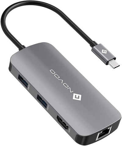 NOVOO »7 in 1 Adapter für technische Geräte, Anschlusserweiterung für den PC« USB-Adapter USB-C zu HDMI, USB-C Power Delivery, 3xUSB 3.0, USB 2.0 Mini-B, RJ45, Kompatibel mit Windows Laptop, Tablet, MacBook & Ipad