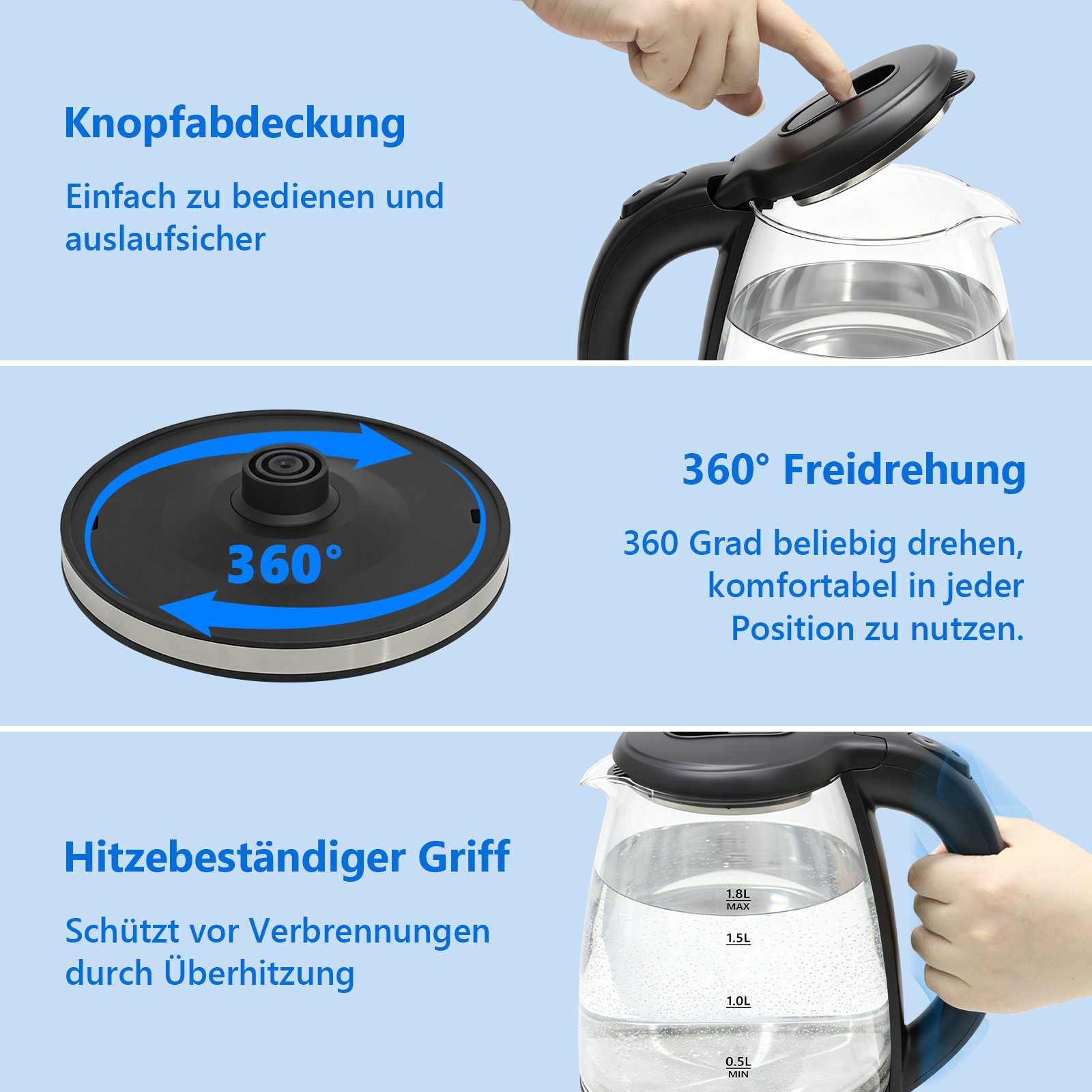 OZAVO Wasserkocher glas edelstahl 1.8L mit LED-Beleuchtung, 100% BPA Frei, 1500 W, 360° Edelstahl Sockel,Trockenaufschutz
