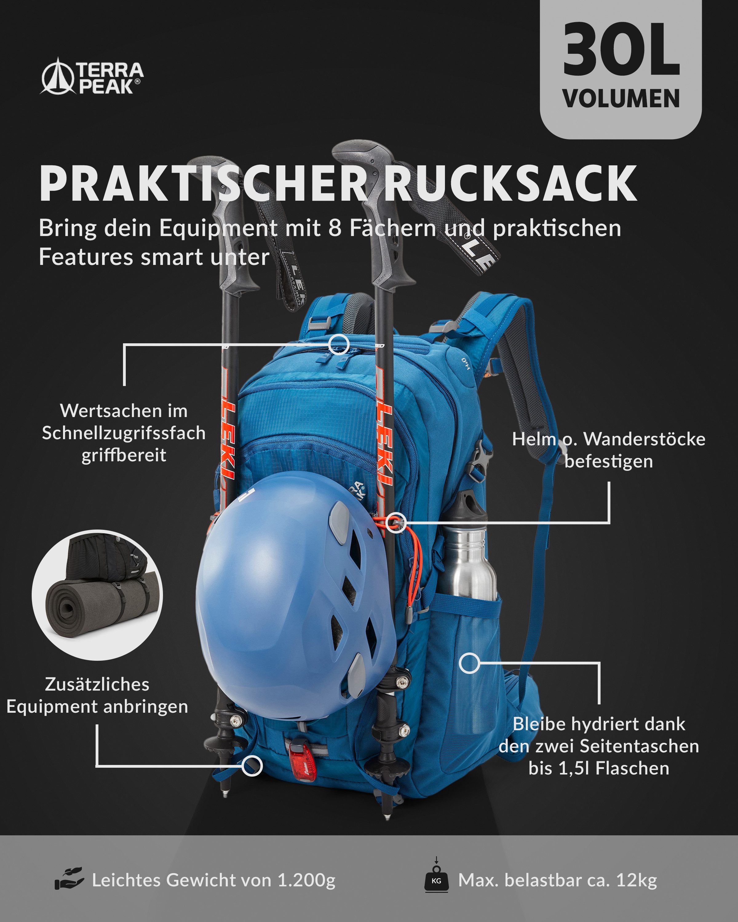 Terra Peak Wanderrucksack Flex 30, 30L mit YKK Reißverschluss Trekkingrucksack mit Hüftgurt